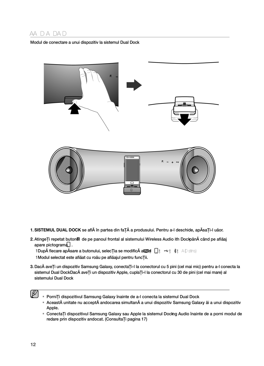 Samsung DA-E651/EN, DA-E650/EN manual COnecTAReA UnUi DiSPOziTiV LA SiSTeMUL Dual DOcK 