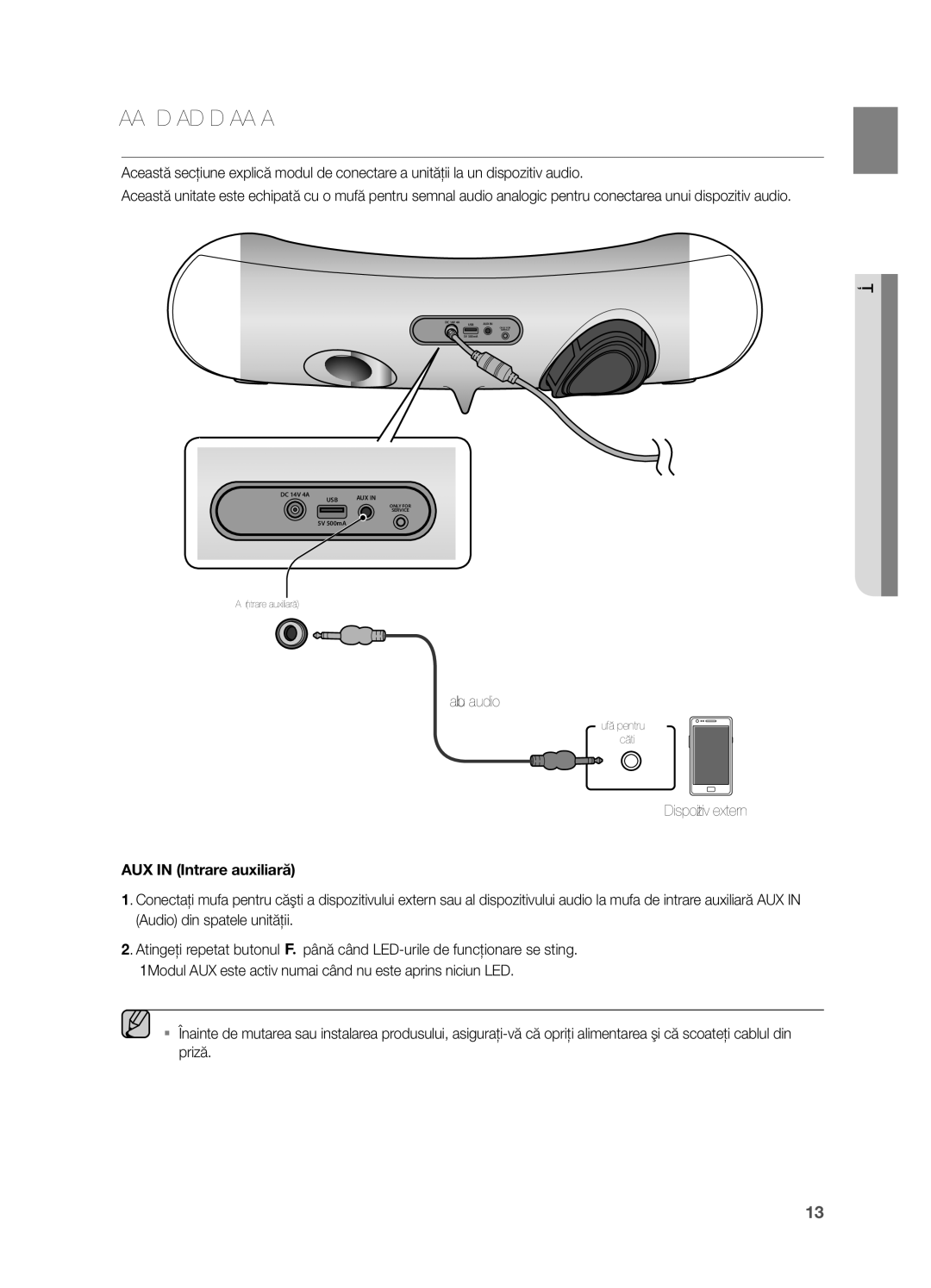 Samsung DA-E650/EN, DA-E651/EN manual COnecTAReA UnUi DiSPOziTiV AUDiO FOLOSinD inTRAReA AUX, Dispozitiv extern, COneXiUni 