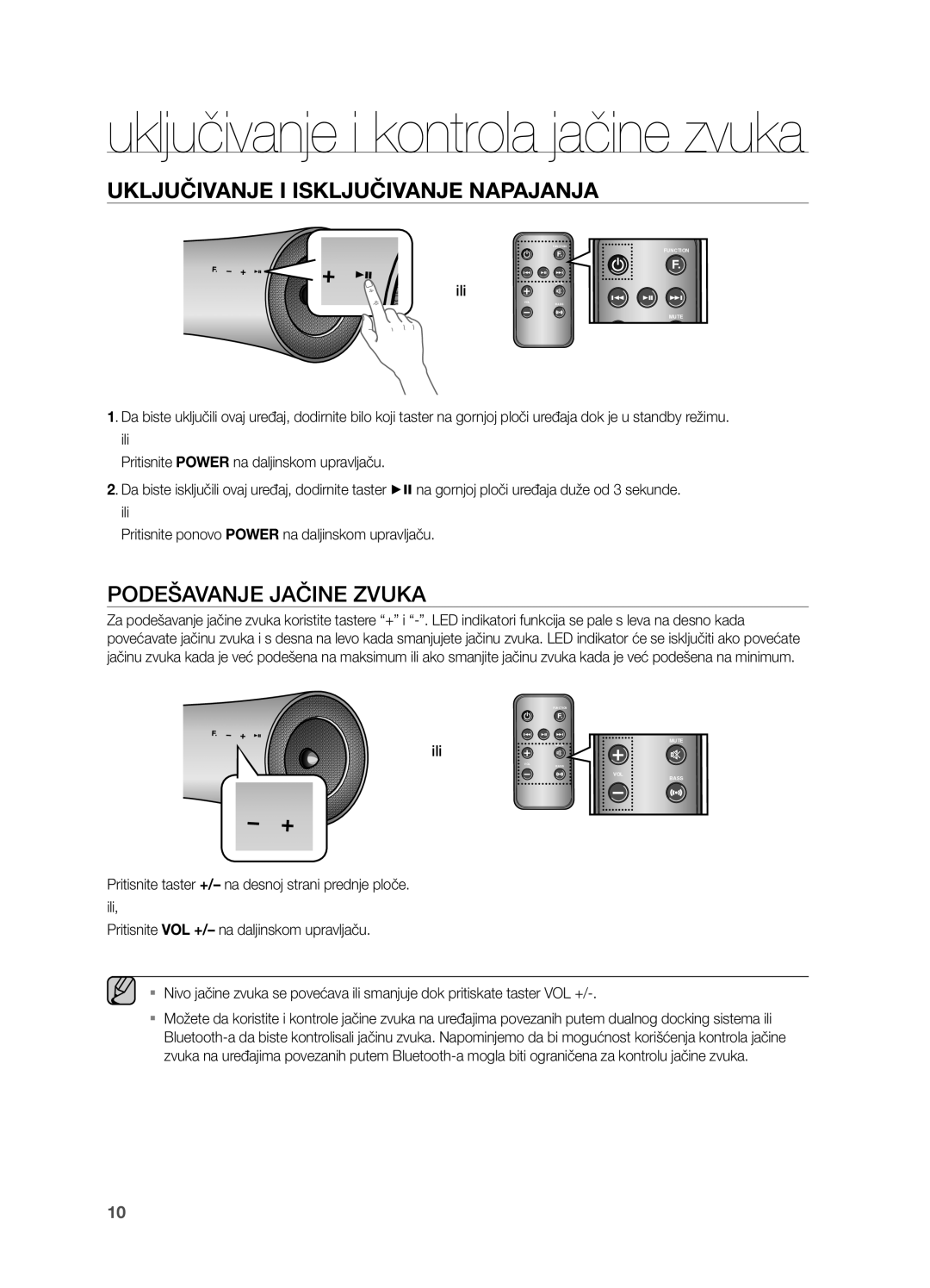 Samsung DA-E651/EN, DA-E650/EN manual Uključivanje I Isključivanje Napajanja, Podešavanje Jačine Zvuka, Ili 