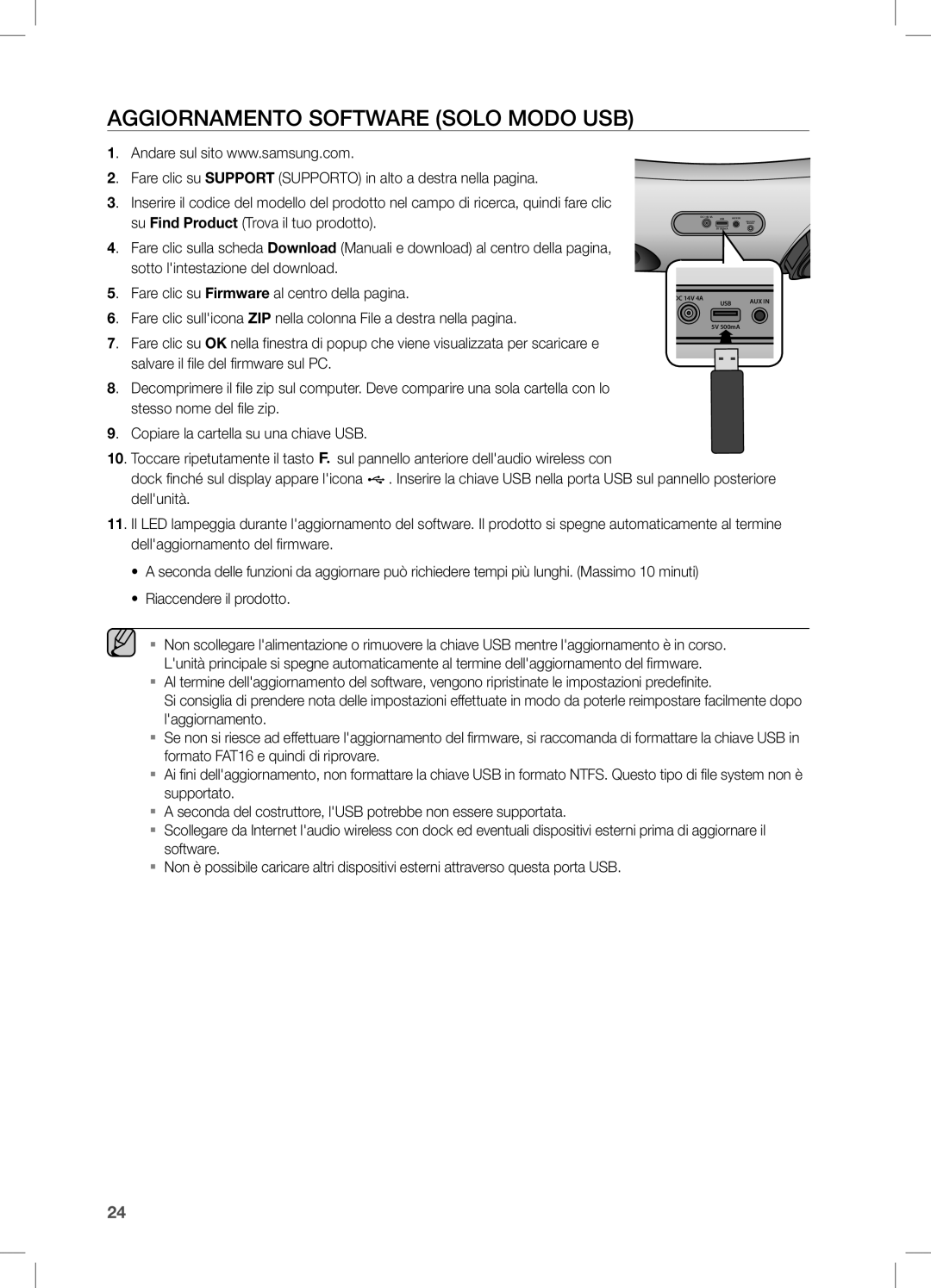 Samsung DA-E650/XE Aggiornamento Software Solo modo USB, Seconda del costruttore, lUSB potrebbe non essere supportata 