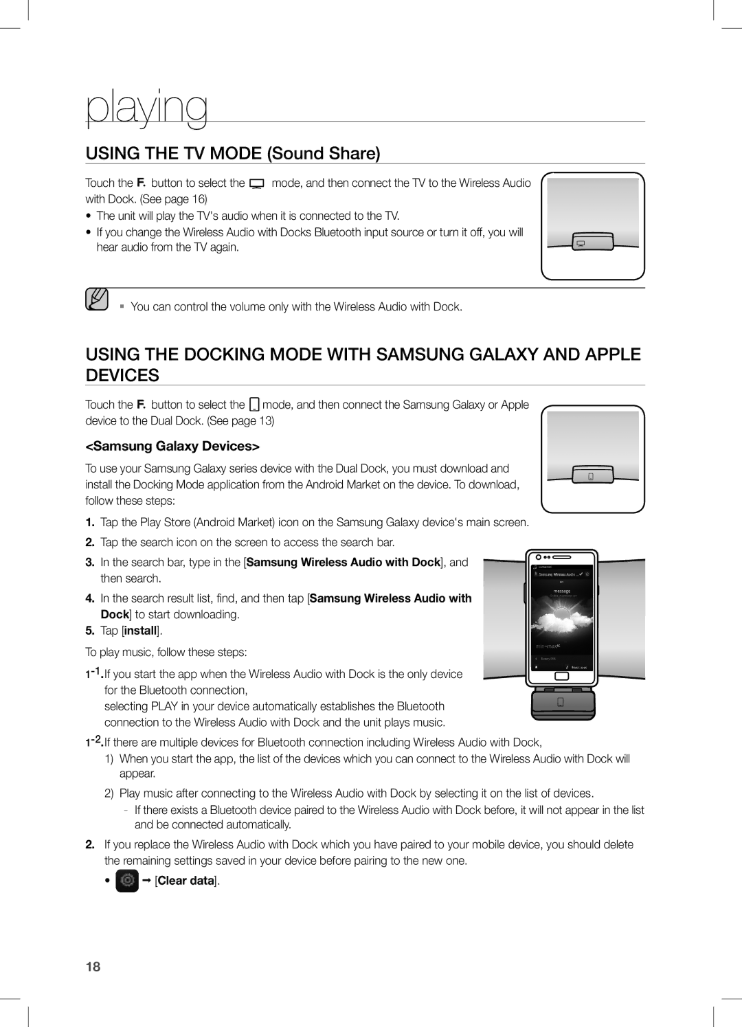 Samsung DA-E650/XE, DA-E650/EN, DA-E651/XN, DA-E651/EN manual Playing, Using the TV Mode Sound Share, Samsung Galaxy Devices 