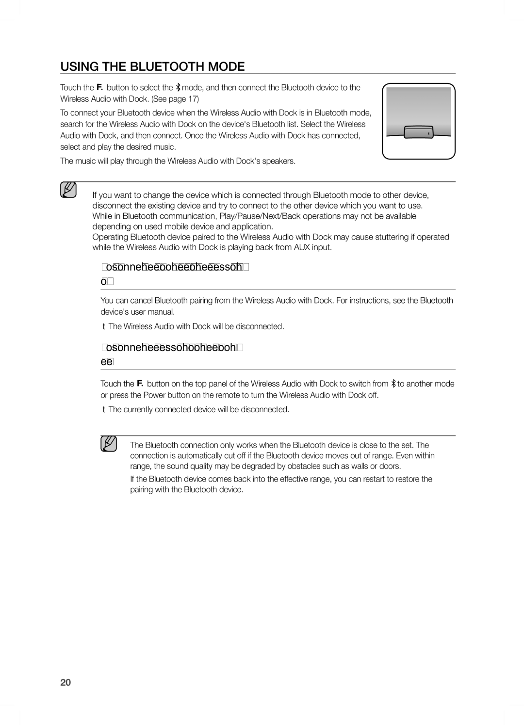 Samsung DA-E650/EN, DA-E651/XN, DA-E651/EN manual Using the Bluetooth Mode, Wireless Audio with Dock will be disconnected 