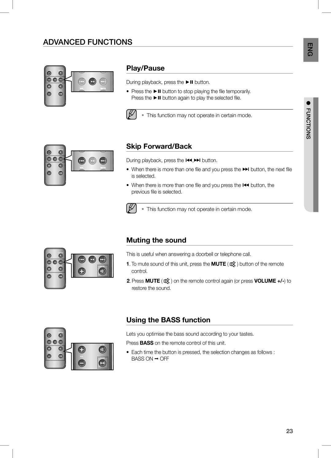 Samsung DA-E650/ZF, DA-E650/EN, DA-E651/XN Advanced functions, Skip Forward/Back, Muting the sound, Using the Bass function 