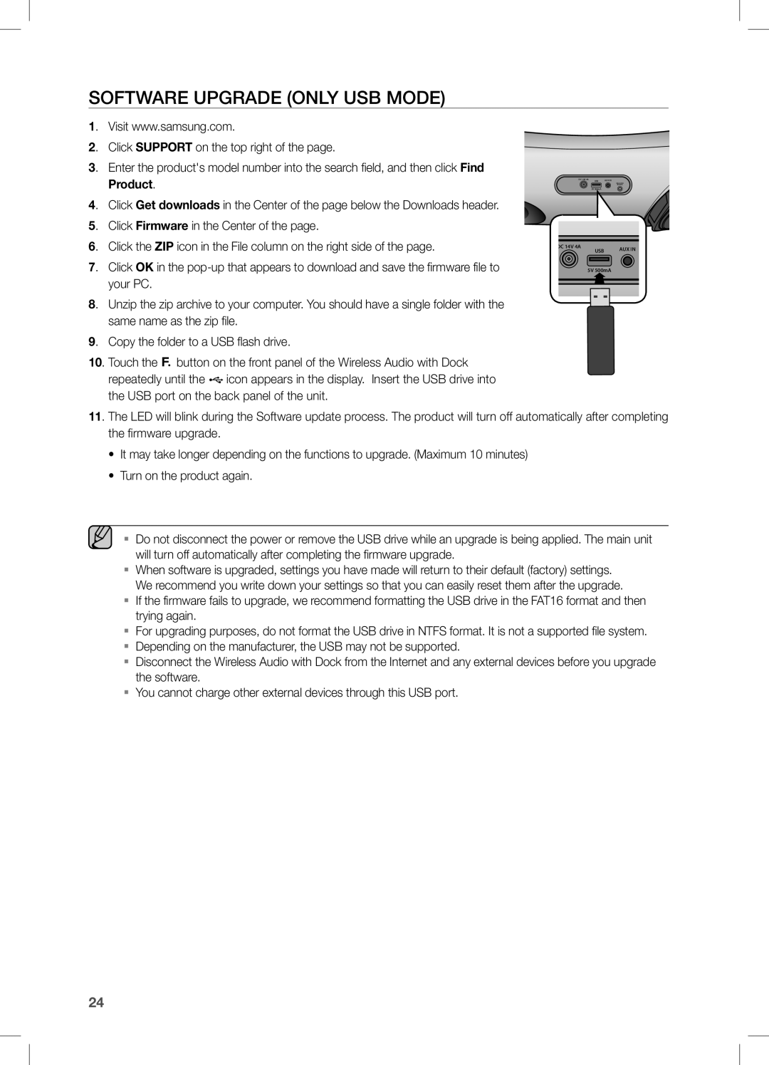 Samsung DA-E651/ZF, DA-E650/EN, DA-E651/XN, DA-E651/EN, DA-E650/ZF, DA-E650/ZN, DA-E650/SJ manual Software Upgrade only USB mode 