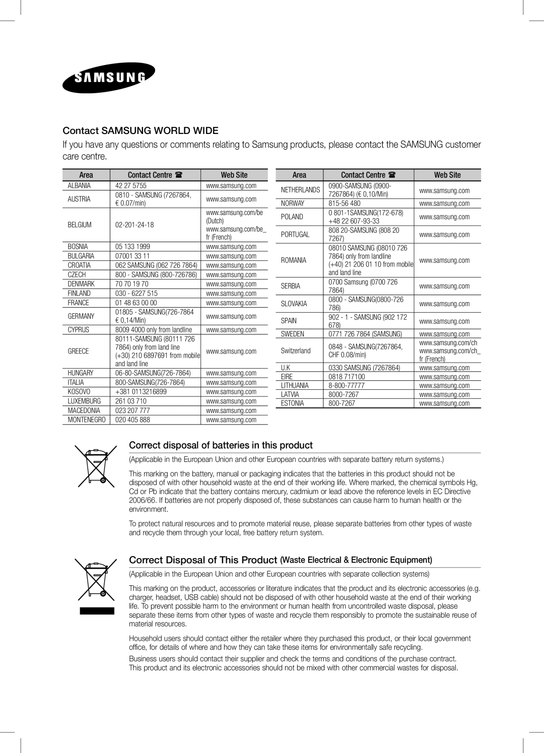 Samsung DA-E650/XE, DA-E650/EN, DA-E651/XN, DA-E651/EN, DA-E650/ZF, DA-E651/ZF Correct disposal of batteries in this product 