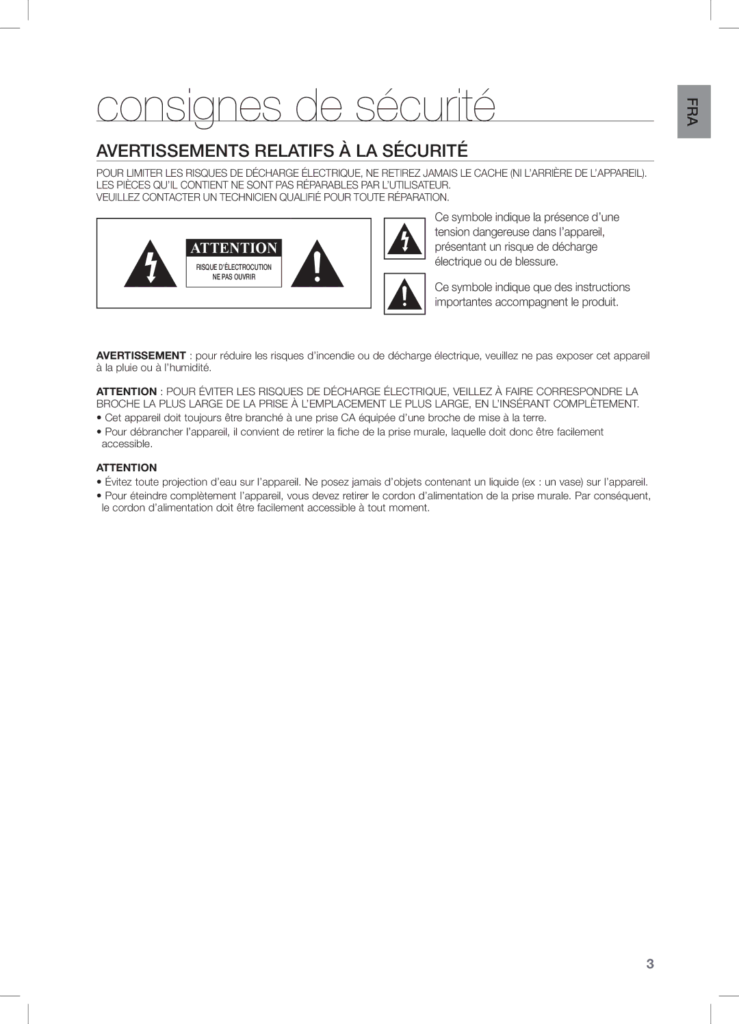 Samsung DA-E651/XN, DA-E650/EN, DA-E651/EN, DA-E650/ZF manual Consignes de sécurité, Avertissements Relatifs À LA Sécurité 