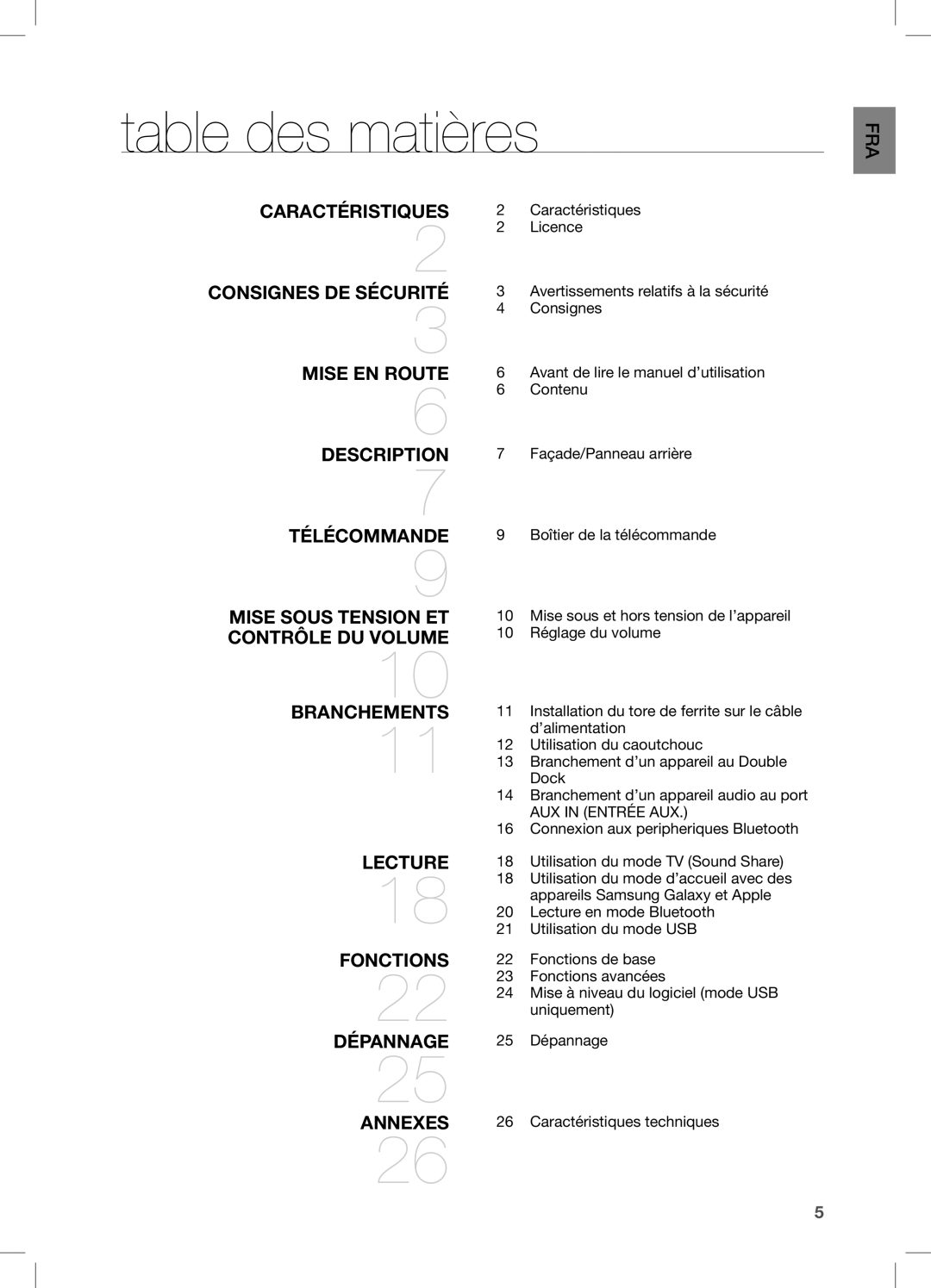 Samsung DA-E650/ZF, DA-E650/EN, DA-E651/XN, DA-E651/EN Table des matières, Branchements Lecture Fonctions Dépannage Annexes 