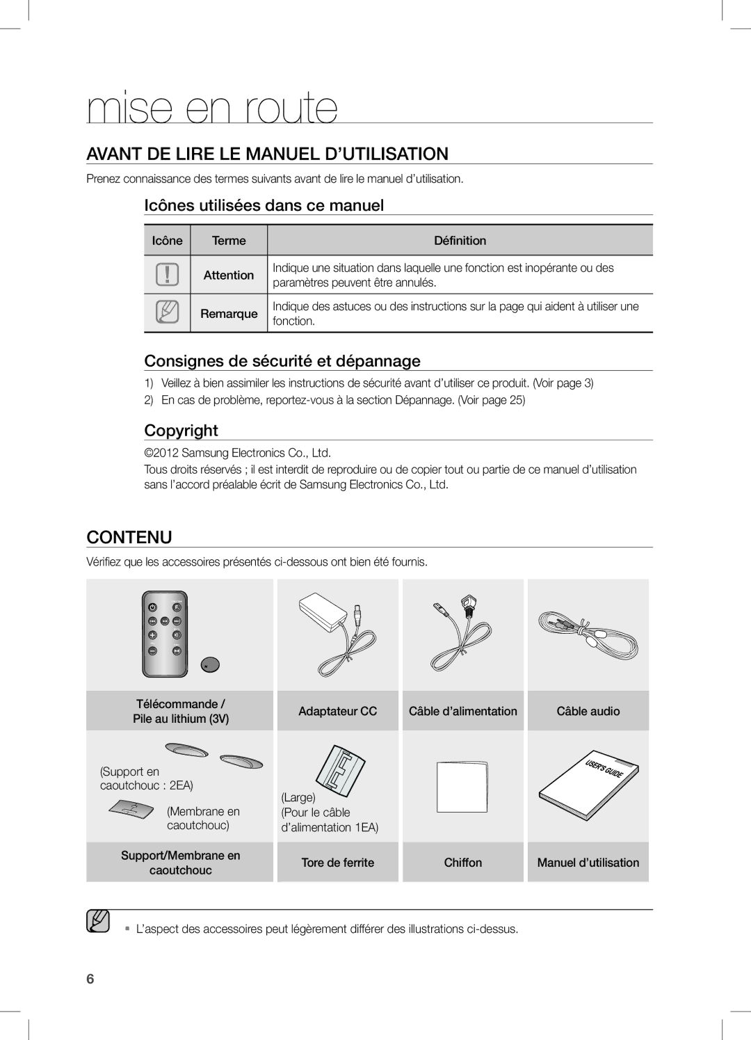 Samsung DA-E651/ZF, DA-E650/EN, DA-E651/XN, DA-E651/EN manual Mise en route, Avant de lire le manuel d’utilisation, Contenu 