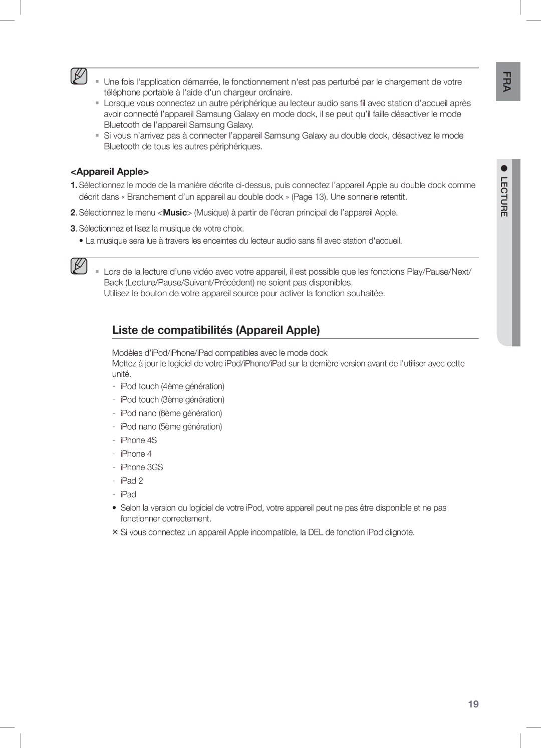 Samsung DA-E651/XE, DA-E650/EN, DA-E651/XN, DA-E651/EN, DA-E650/ZF, DA-E651/ZF manual Liste de compatibilités Appareil Apple 