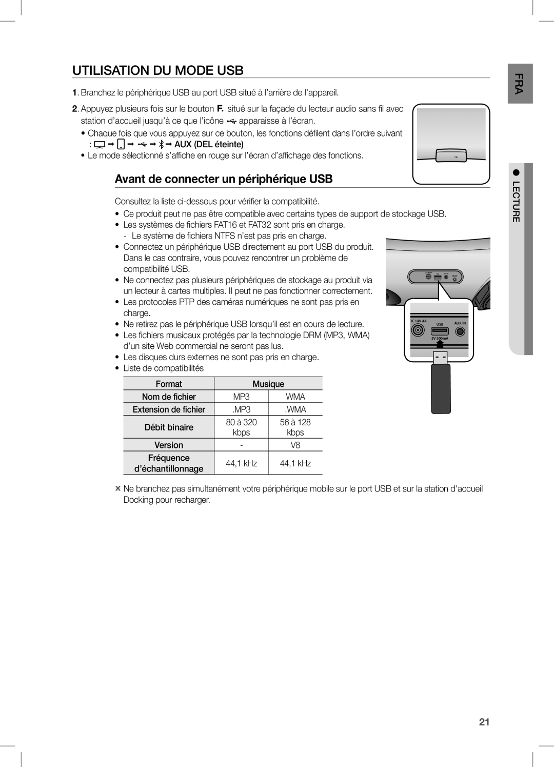 Samsung DA-E650/SQ, DA-E650/EN manual Utilisation DU Mode USB, Avant de connecter un périphérique USB, Format Musique, 56 à 