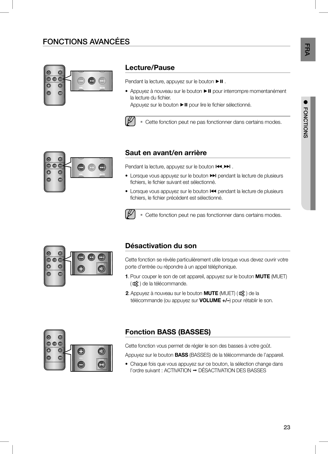 Samsung DA-E651/XN, DA-E650/EN, DA-E651/EN, DA-E650/ZF manual Fonctions Avancées, Désactivation du son, Fonction Bass Basses 