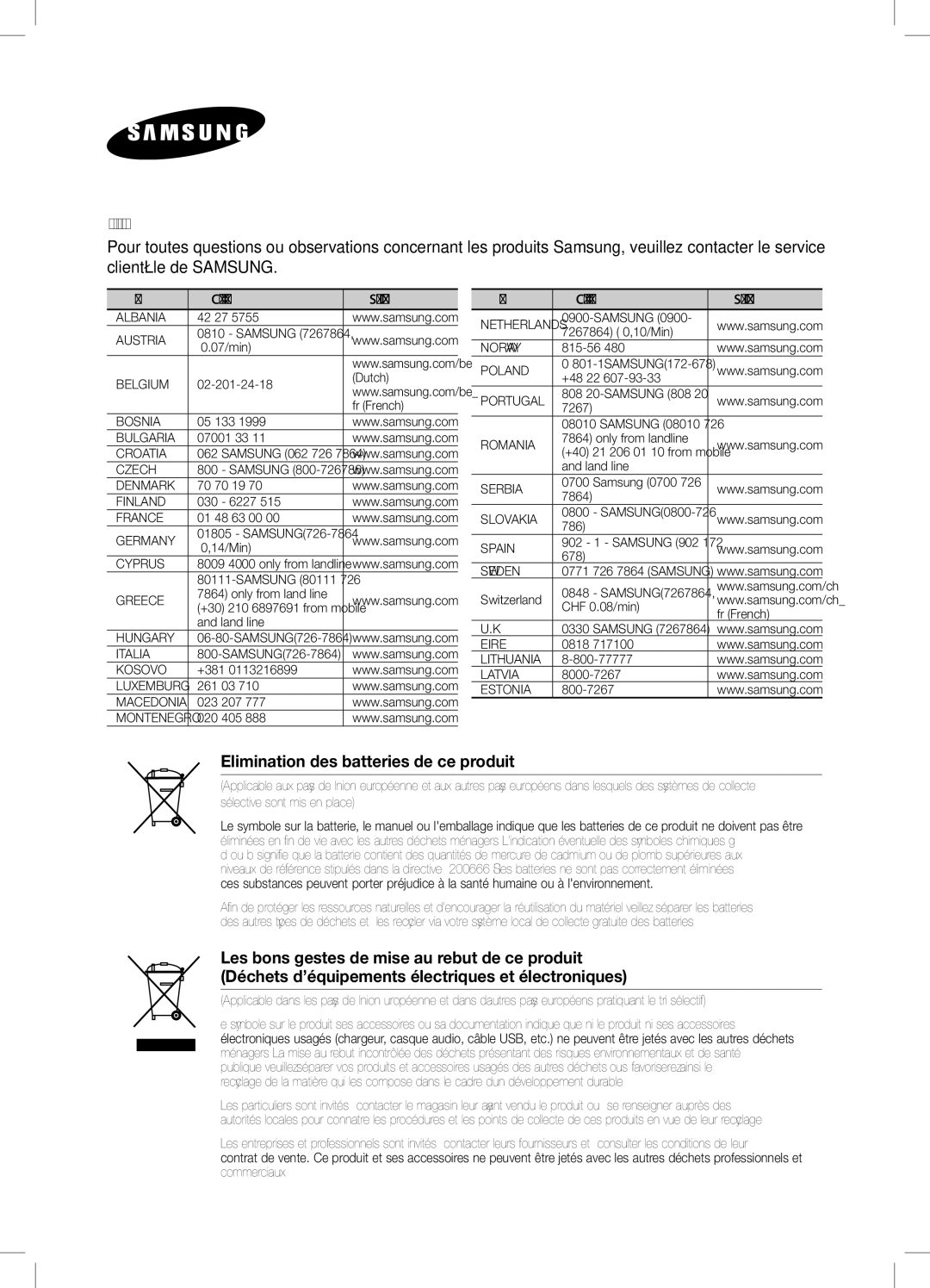 Samsung DA-E650/SJ, DA-E650/EN, DA-E651/XN, DA-E651/EN, DA-E650/ZF, DA-E651/ZF manual Elimination des batteries de ce produit 