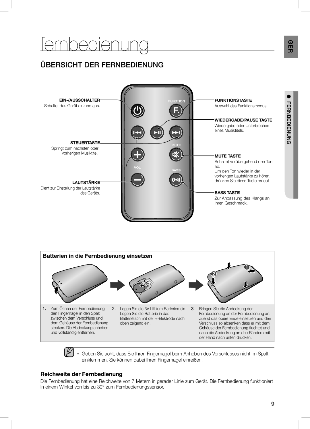 Samsung DA-E650/ZN Übersicht DER Fernbedienung, Batterien in die Fernbedienung einsetzen, Reichweite der Fernbedienung 