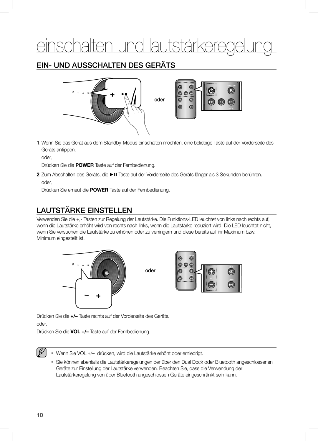 Samsung DA-E650/SJ, DA-E650/EN manual EIN- UND Ausschalten DES Geräts, Lautstärke Einstellen, Oder, Minimum eingestellt ist 