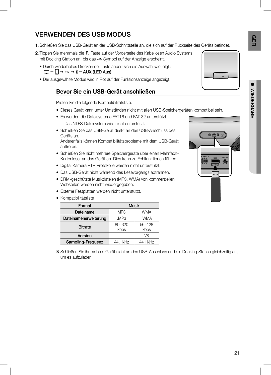 Samsung DA-E651/XE, DA-E650/EN, DA-E651/XN, DA-E651/EN manual Verwenden DES USB Modus, Bevor Sie ein USB-Gerät anschließen 