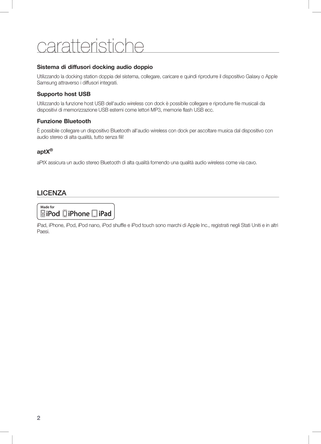 Samsung DA-E650/SJ manual Caratteristiche, Sistema di diffusori docking audio doppio, Supporto host USB, Funzione Bluetooth 