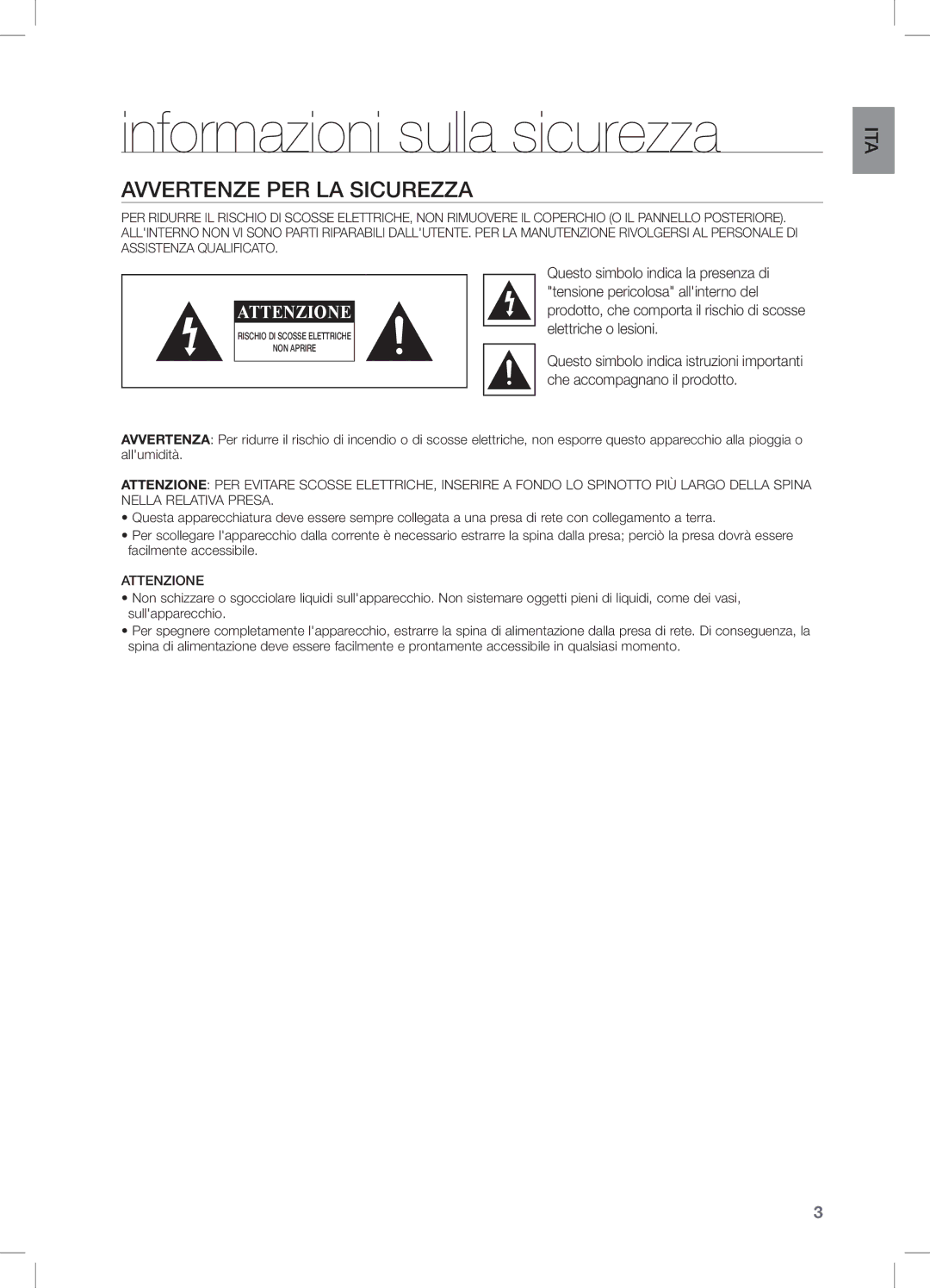 Samsung DA-E651/XE, DA-E650/EN, DA-E651/XN, DA-E651/EN, DA-E650/ZF Informazioni sulla sicurezza, Avvertenze PER LA Sicurezza 