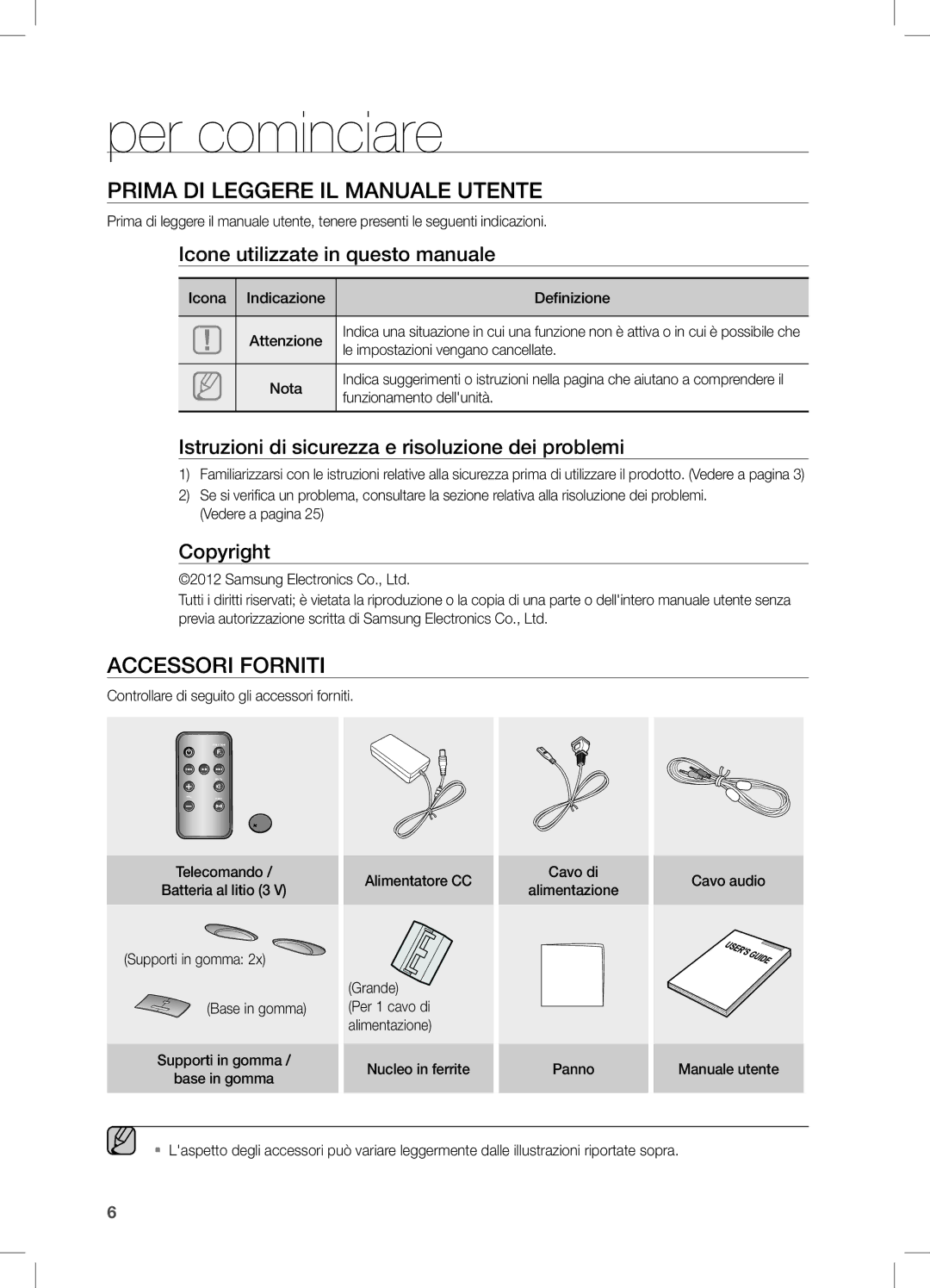 Samsung DA-E650/EN, DA-E651/XN, DA-E651/EN, DA-E650/ZF Per cominciare, Prima di leggere il manuale utente, Accessori Forniti 