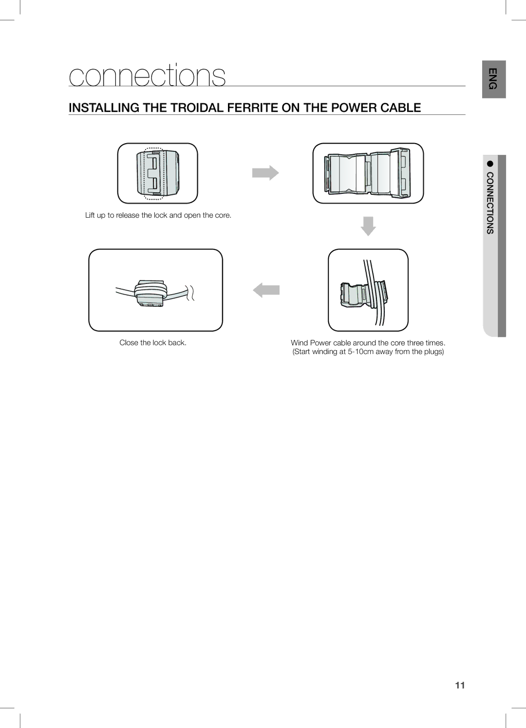 Samsung DA-E651/XN, DA-E650/EN, DA-E651/EN Connections, Installing the Troidal Ferrite on the Power Cable, EnG ections conn 