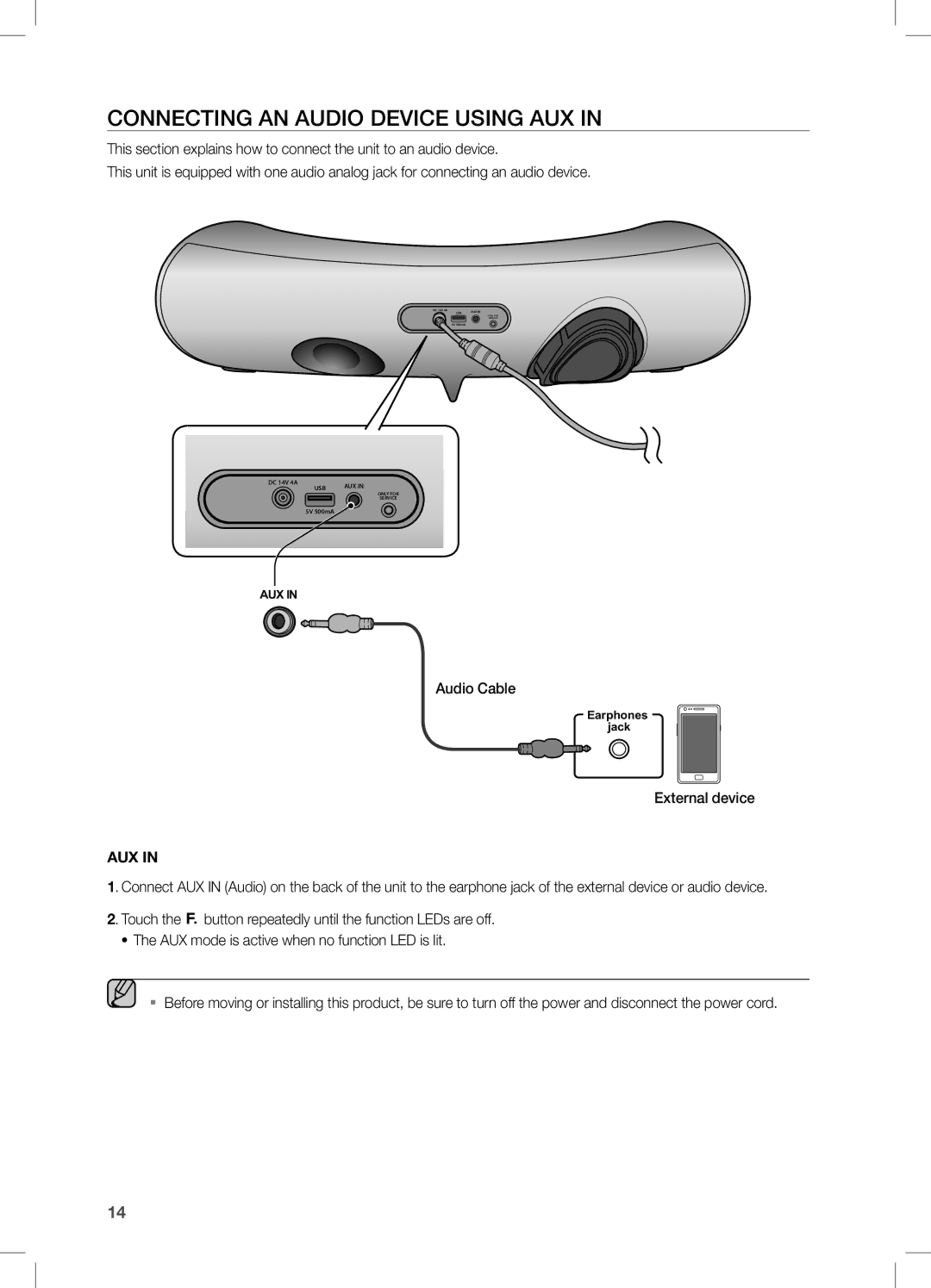 Samsung DA-E651/ZF, DA-E650/EN, DA-E651/XN, DA-E651/EN, DA-E650/ZF manual Connecting AN Audio Device Using AUX, External device 