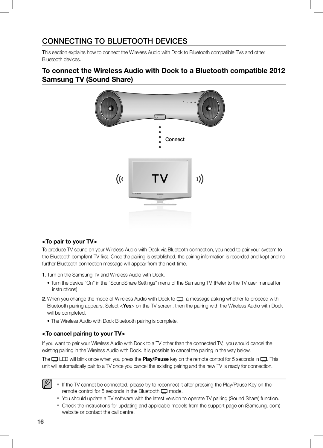 Samsung DA-E650/SJ, DA-E650/EN manual Connecting to Bluetooth Devices, To pair to your TV, To cancel pairing to your TV 