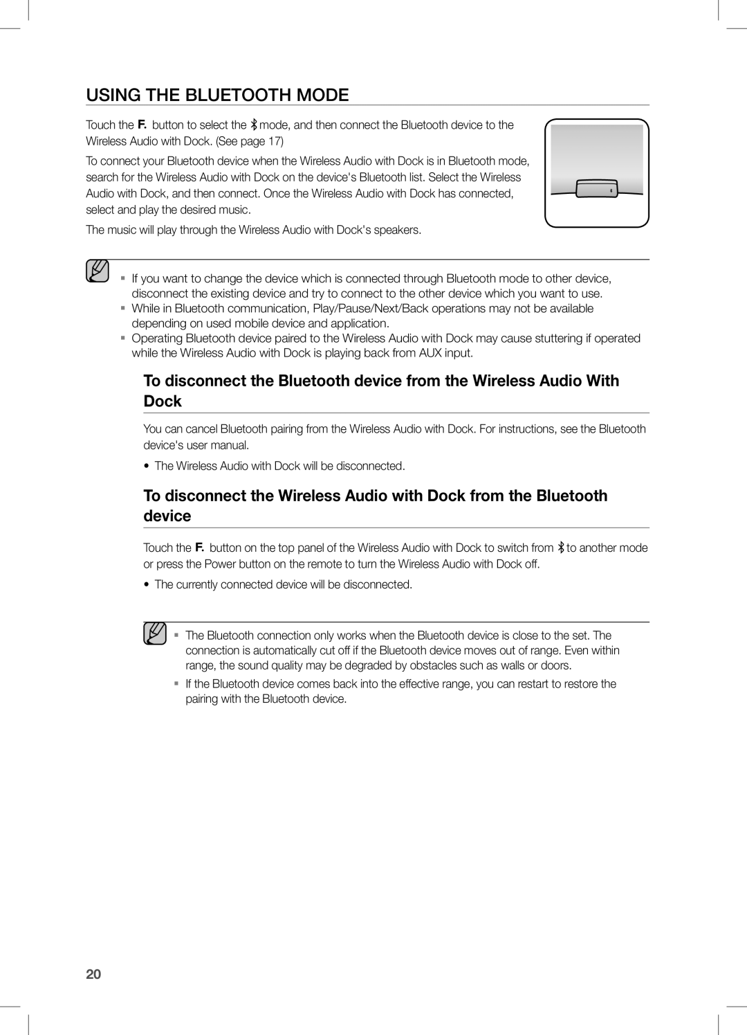 Samsung DA-E650/EN, DA-E651/XN, DA-E651/EN manual Using the Bluetooth Mode, Wireless Audio with Dock will be disconnected 