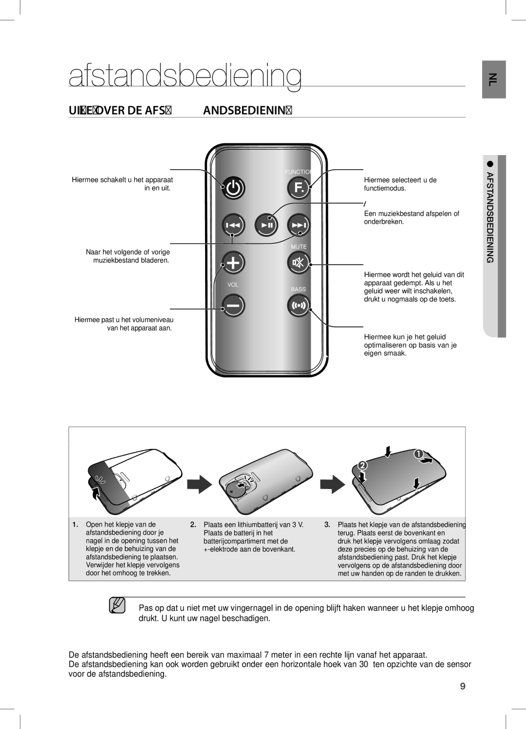 Samsung DA-E651/XN Uitleg Over DE Afstandsbediening, De batterij in de afstandsbediening plaatsen, INlIED SBE Standaf 