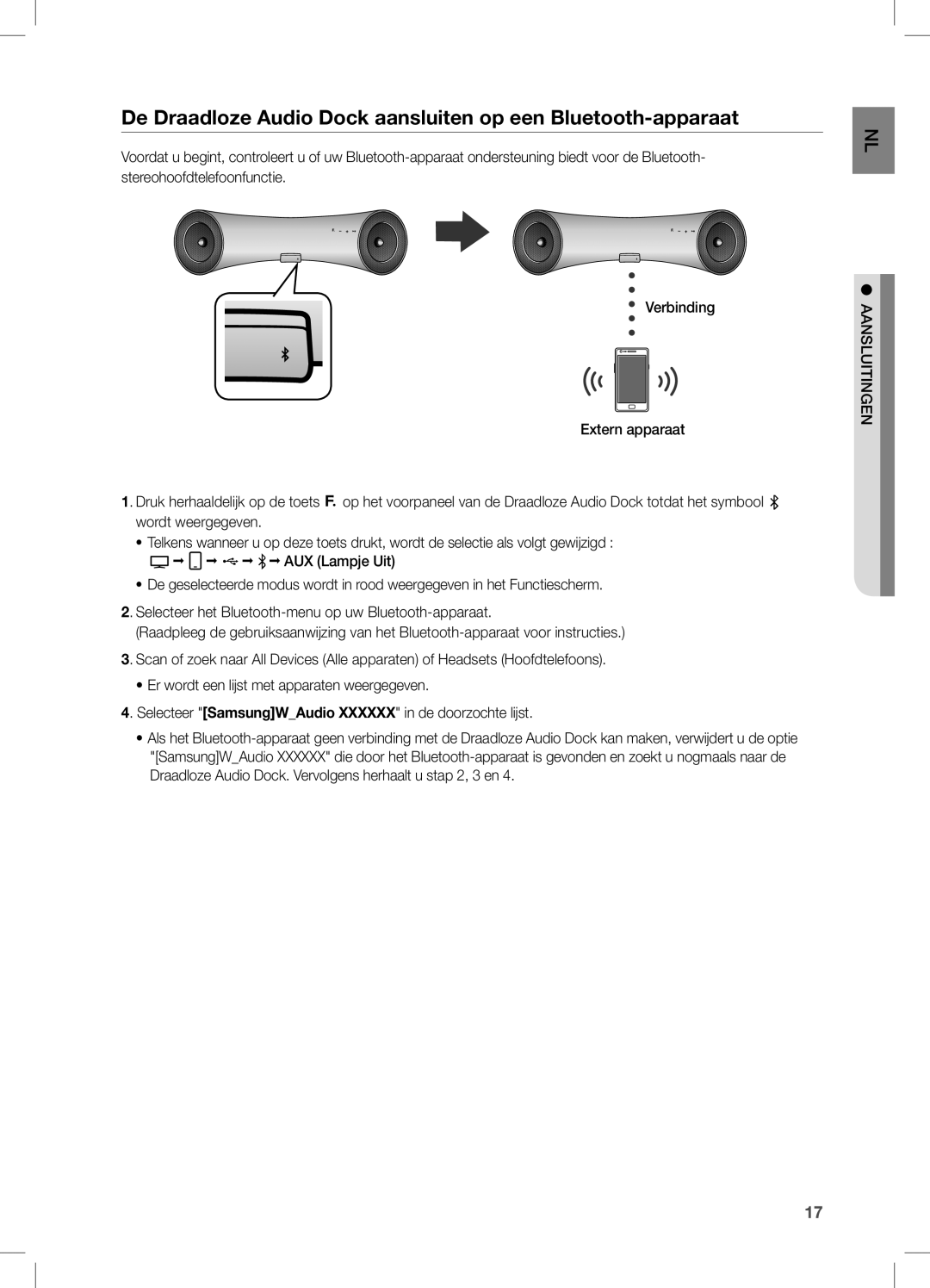 Samsung DA-E651/XN, DA-E650/EN, DA-E651/EN, DA-E650/ZF manual De Draadloze Audio Dock aansluiten op een Bluetooth-apparaat 