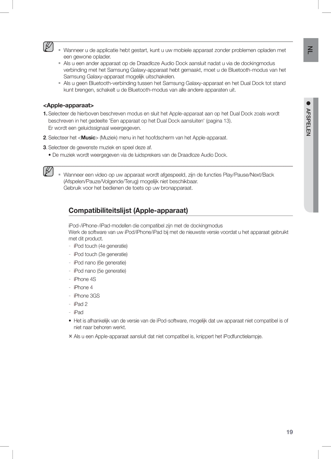 Samsung DA-E650/ZF, DA-E650/EN, DA-E651/XN, DA-E651/EN manual Compatibiliteitslijst Apple-apparaat 