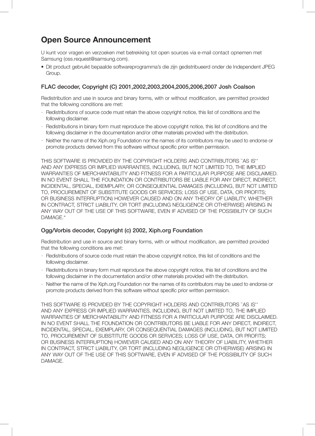 Samsung DA-E650/ZF, DA-E650/EN, DA-E651/XN, DA-E651/EN manual Open Source Announcement 