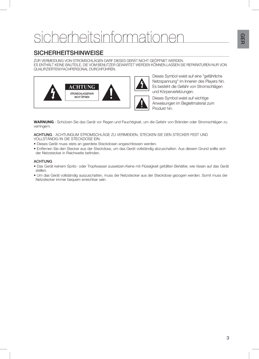 Samsung DA-E650/ZF, DA-E650/EN, DA-E651/XN, DA-E651/EN manual Sicherheitsinformationen, Sicherheitshinweise 