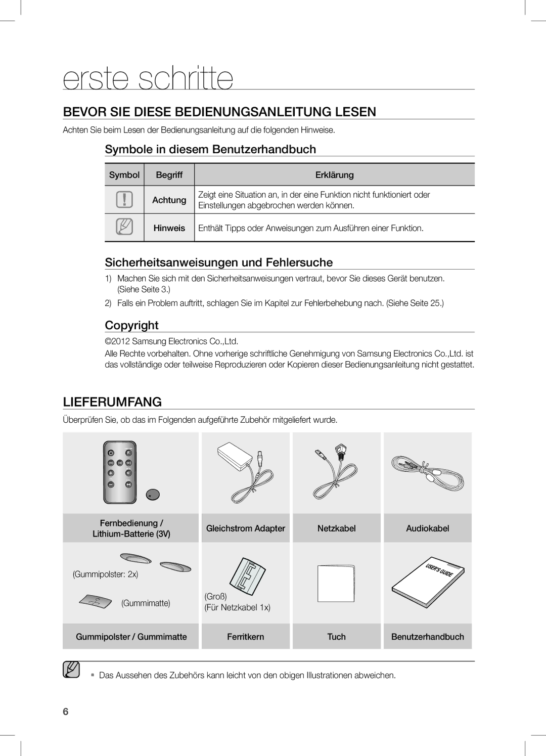 Samsung DA-E651/EN, DA-E650/EN, DA-E651/XN manual Erste schritte, Bevor Sie diese Bedienungsanleitung lesen, Lieferumfang 