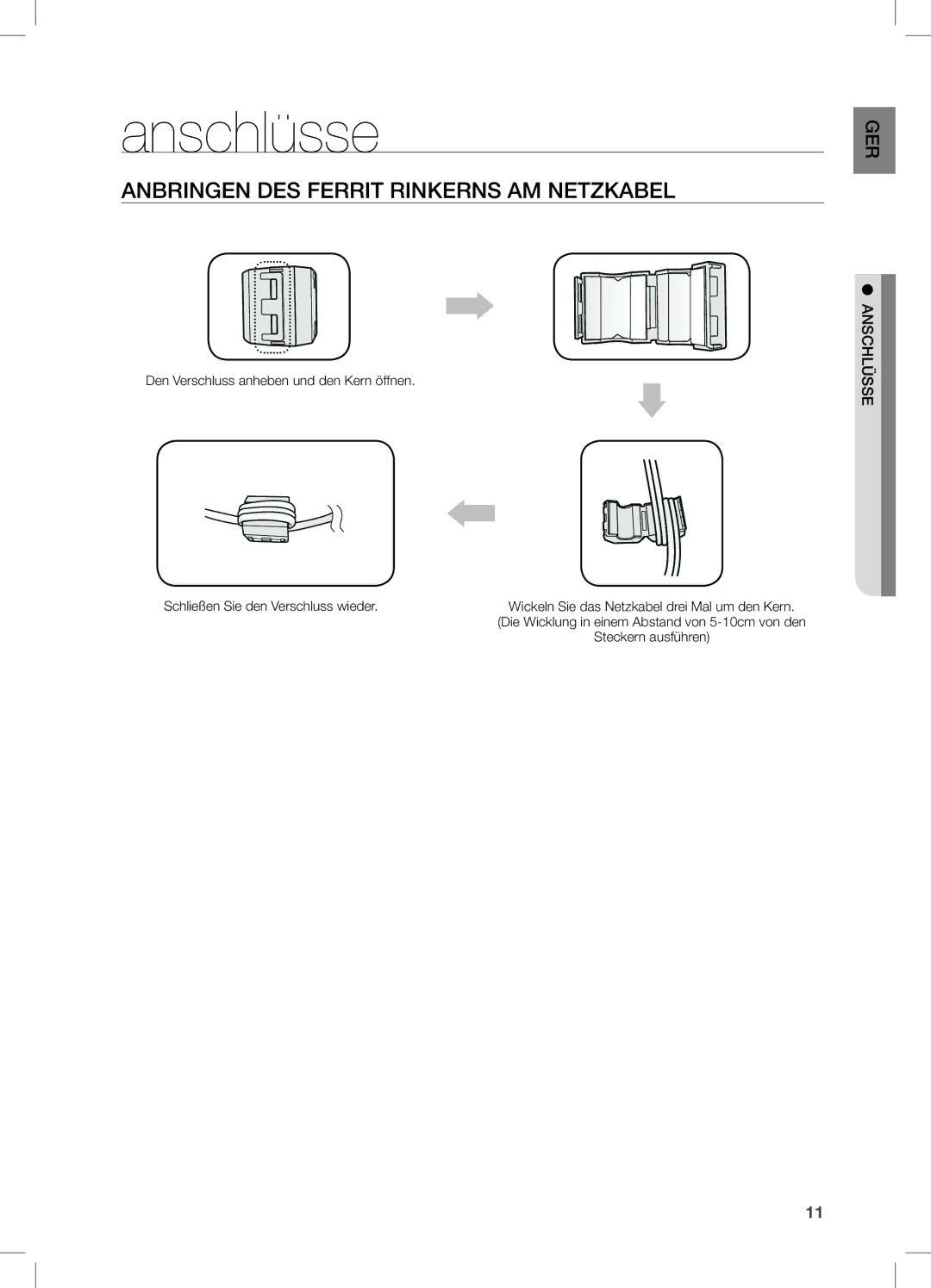 Samsung DA-E650/ZF, DA-E650/EN, DA-E651/XN, DA-E651/EN manual Anschlüsse, Anbringen DES Ferrit Rinkerns AM Netzkabel 