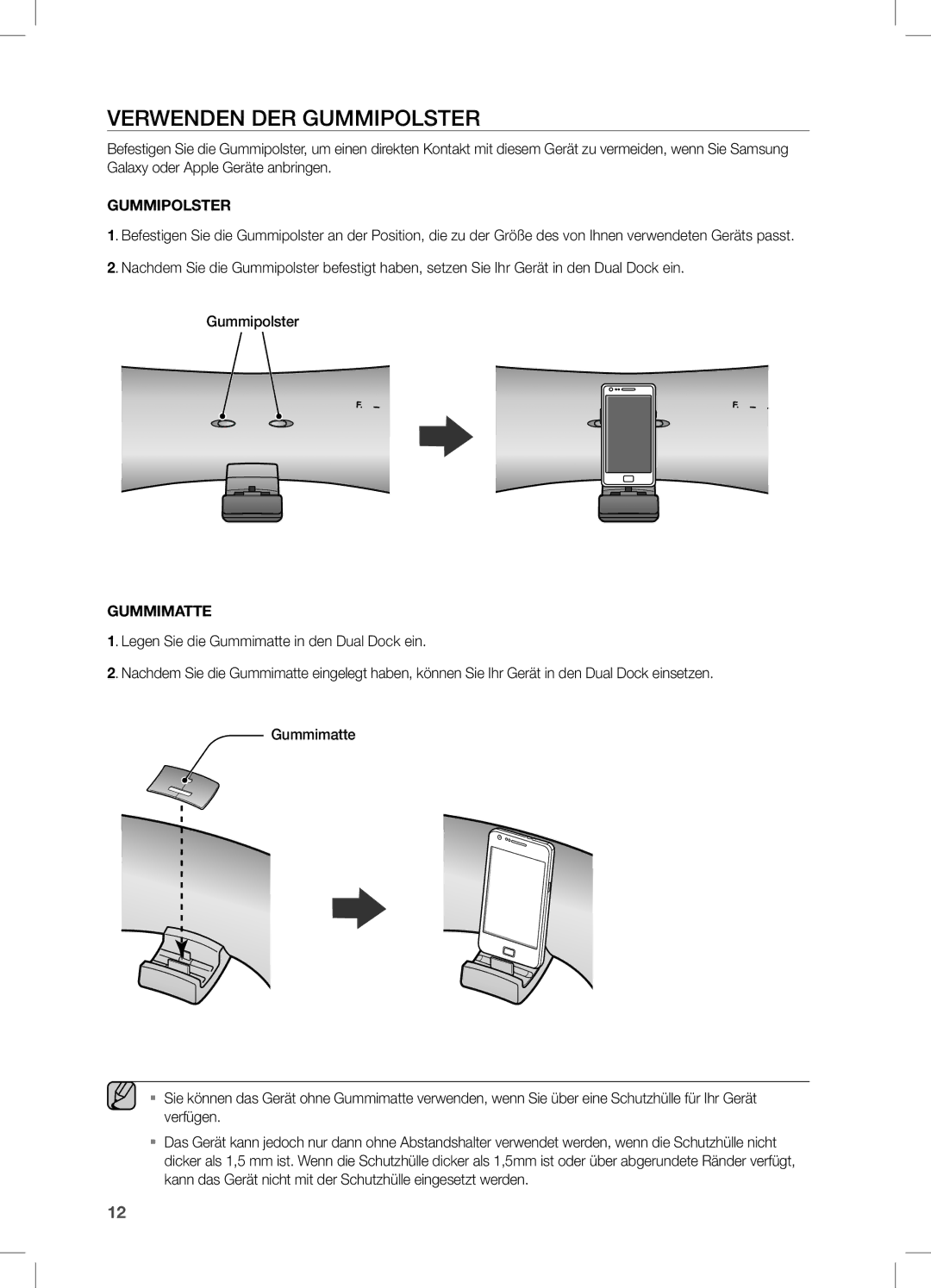 Samsung DA-E650/EN, DA-E651/XN, DA-E651/EN, DA-E650/ZF manual VeRWenden deR GUMMiPOLSTeR, GUMMiPoLSteR 