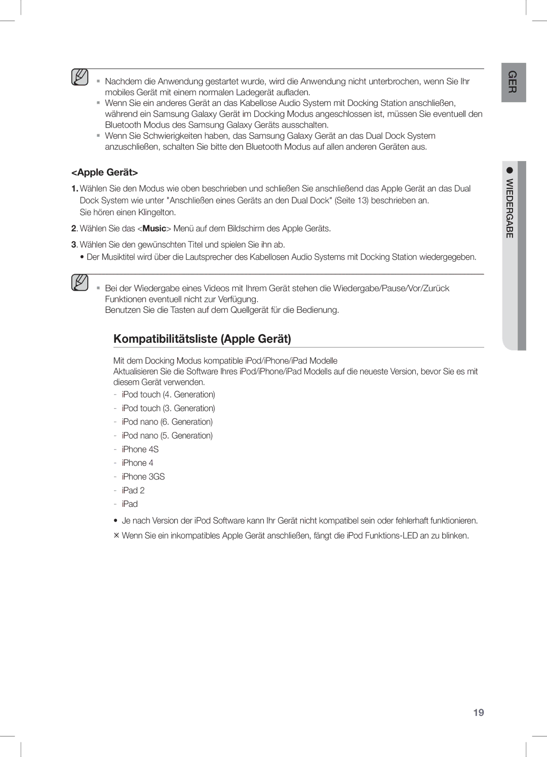 Samsung DA-E650/ZF, DA-E650/EN manual Kompatibilitätsliste Apple Gerät, IPhone 4 --iPhone 3GS --iPad IPad, GER eb Wiederga 