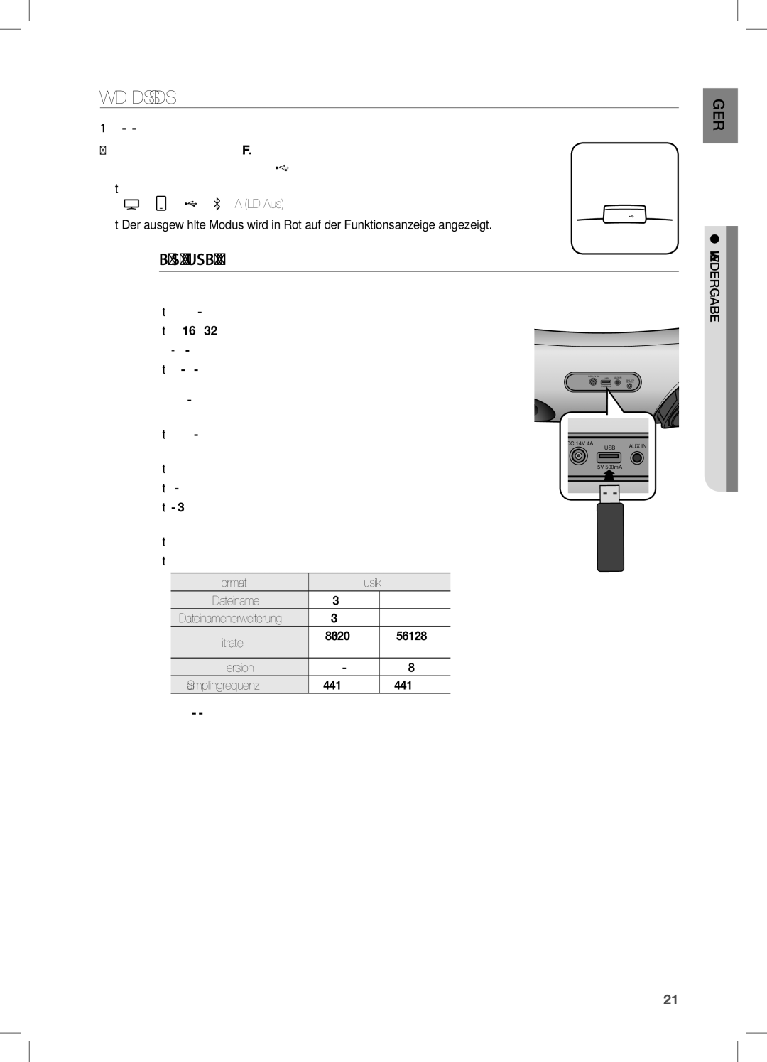 Samsung DA-E651/XN, DA-E650/EN, DA-E651/EN, DA-E650/ZF Verwenden DES USB Modus, Bevor Sie ein USB-Gerät anschließen, Kbps 