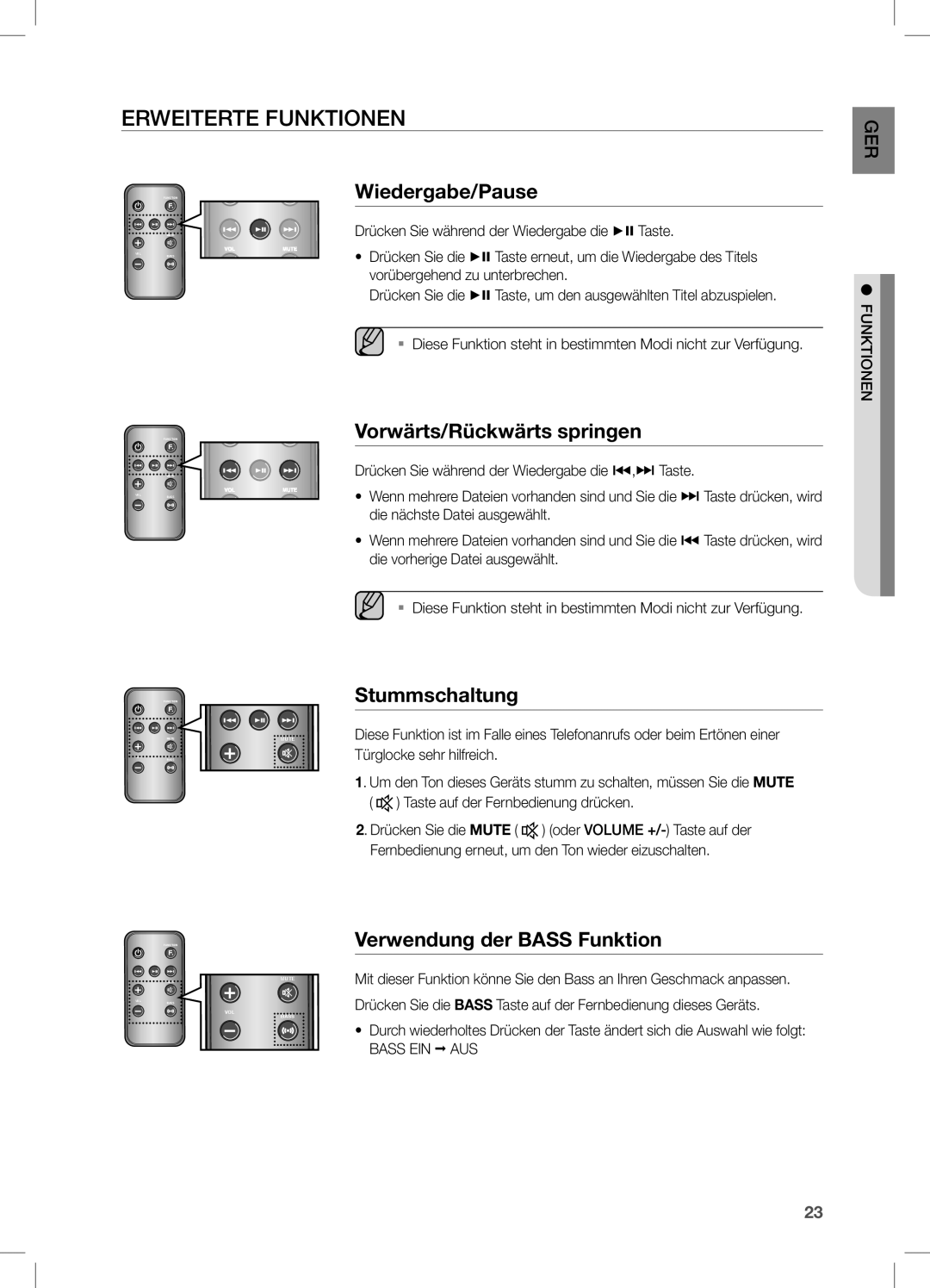 Samsung DA-E650/ZF manual Erweiterte Funktionen, Vorwärts/Rückwärts springen, Stummschaltung, Verwendung der Bass Funktion 