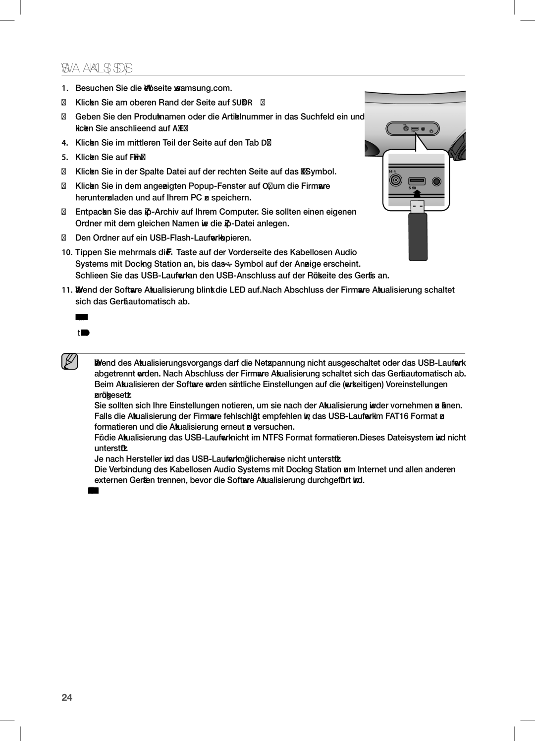 Samsung DA-E650/EN, DA-E651/XN manual Software Aktualisierung nur USB Modus, Herunterzuladen und auf Ihrem PC zu speichern 