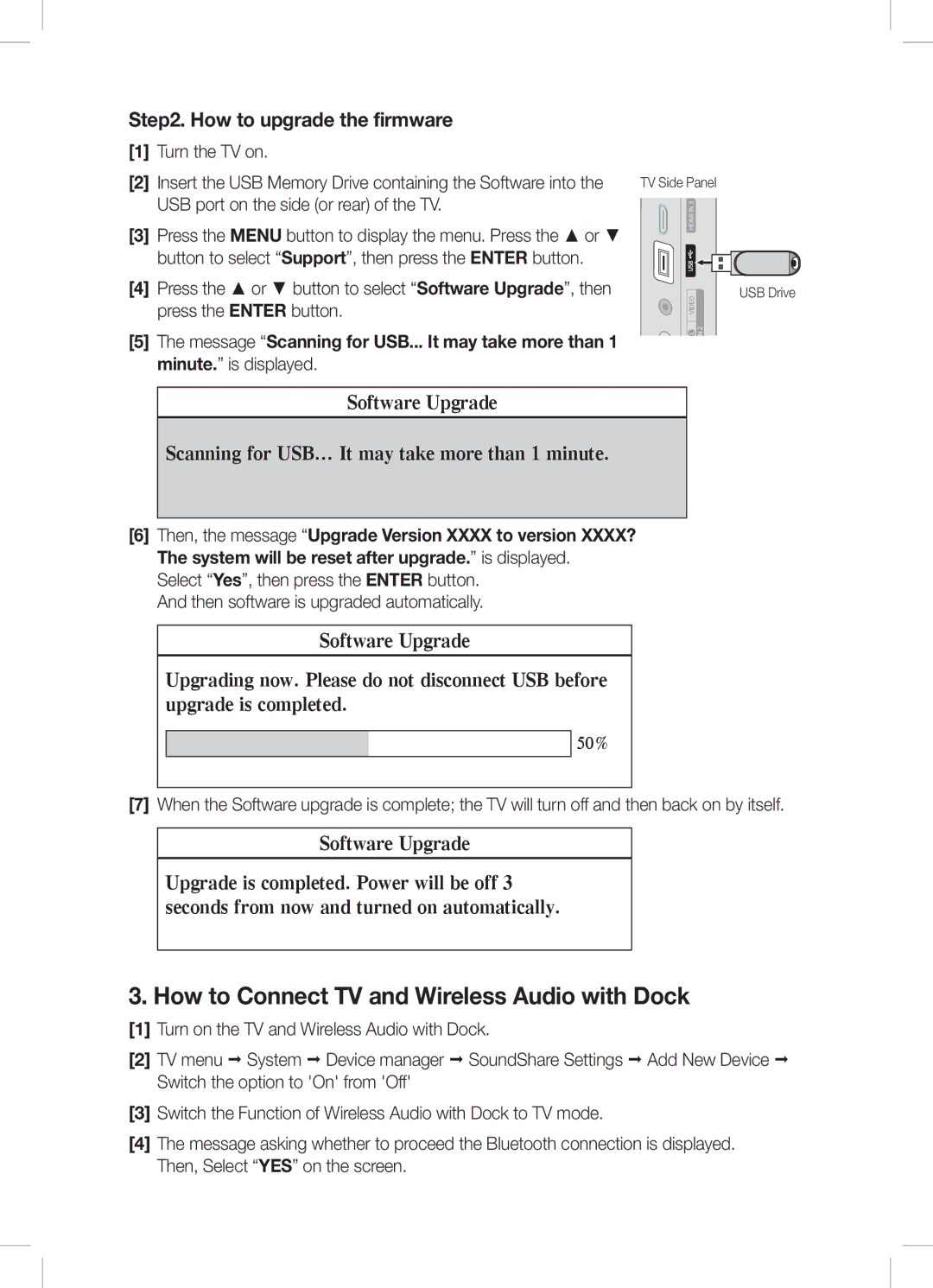 Samsung DA-E751/EN, DA-E650/EN, DA-E651/XN manual How to Connect TV and Wireless Audio with Dock, How to upgrade the firmware 