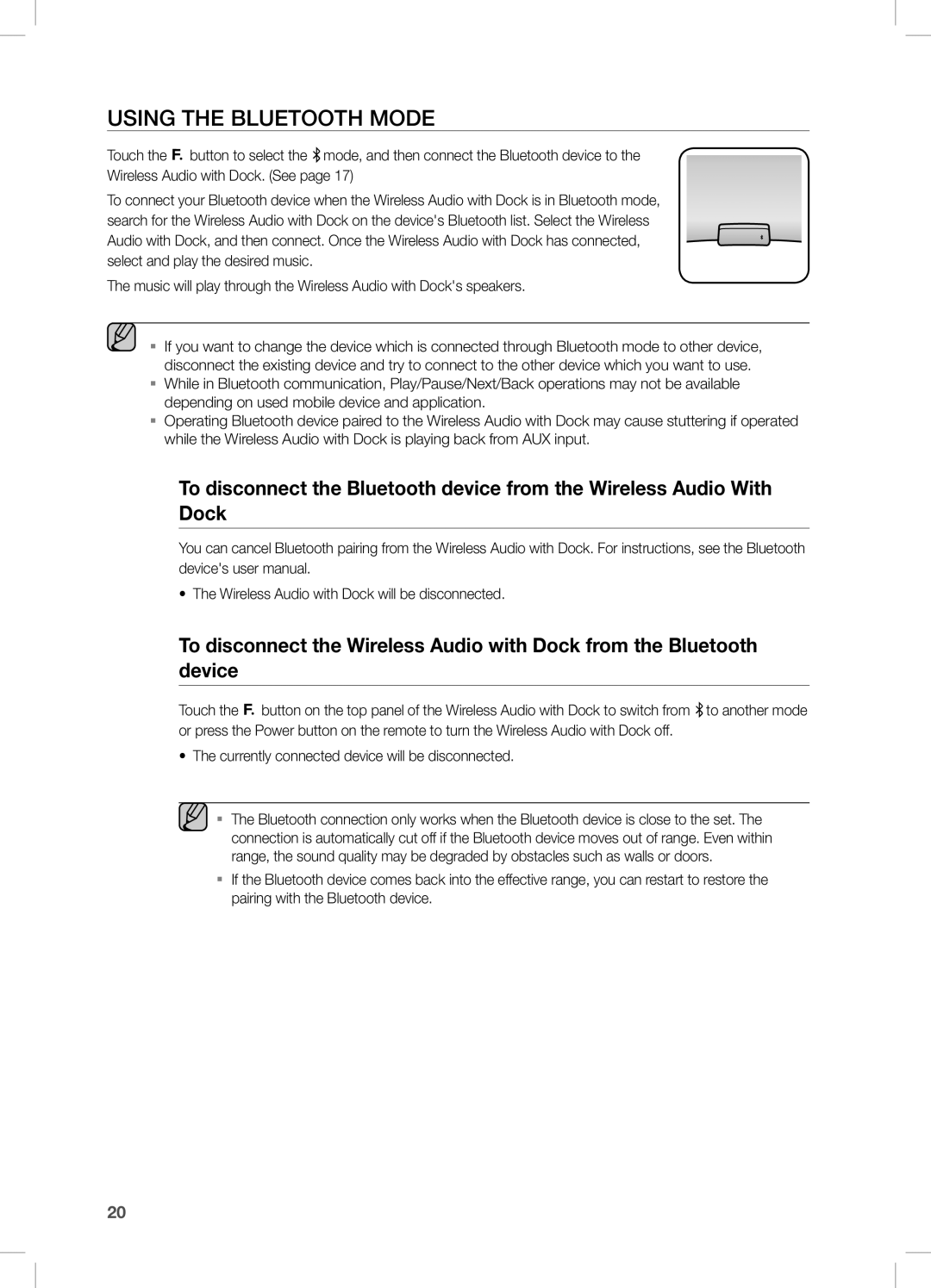 Samsung DA-E650/SQ manual Wireless Audio with Dock will be disconnected, Currently connected device will be disconnected 