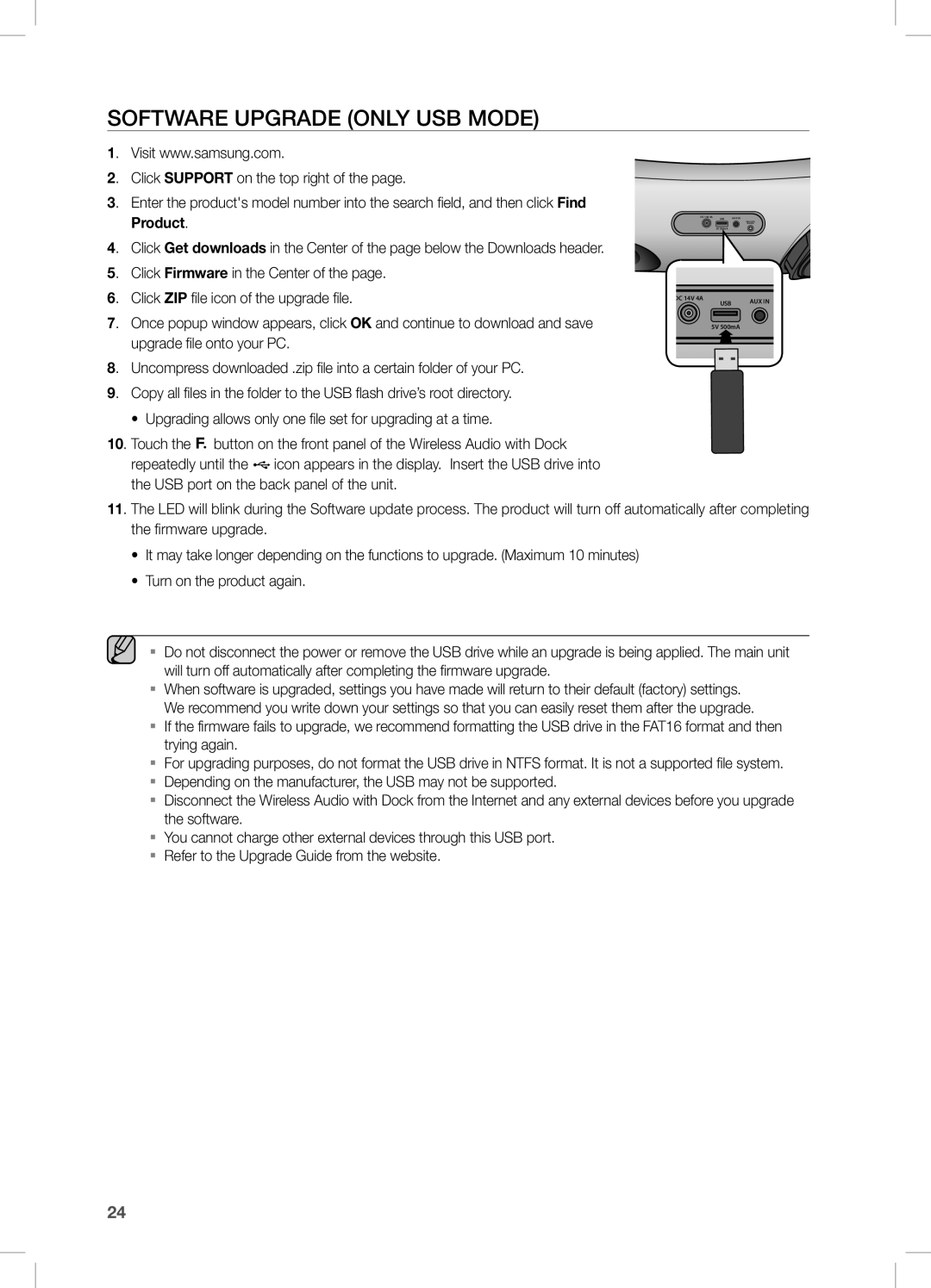 Samsung DA-E650/SQ manual Software Upgrade only USB mode 