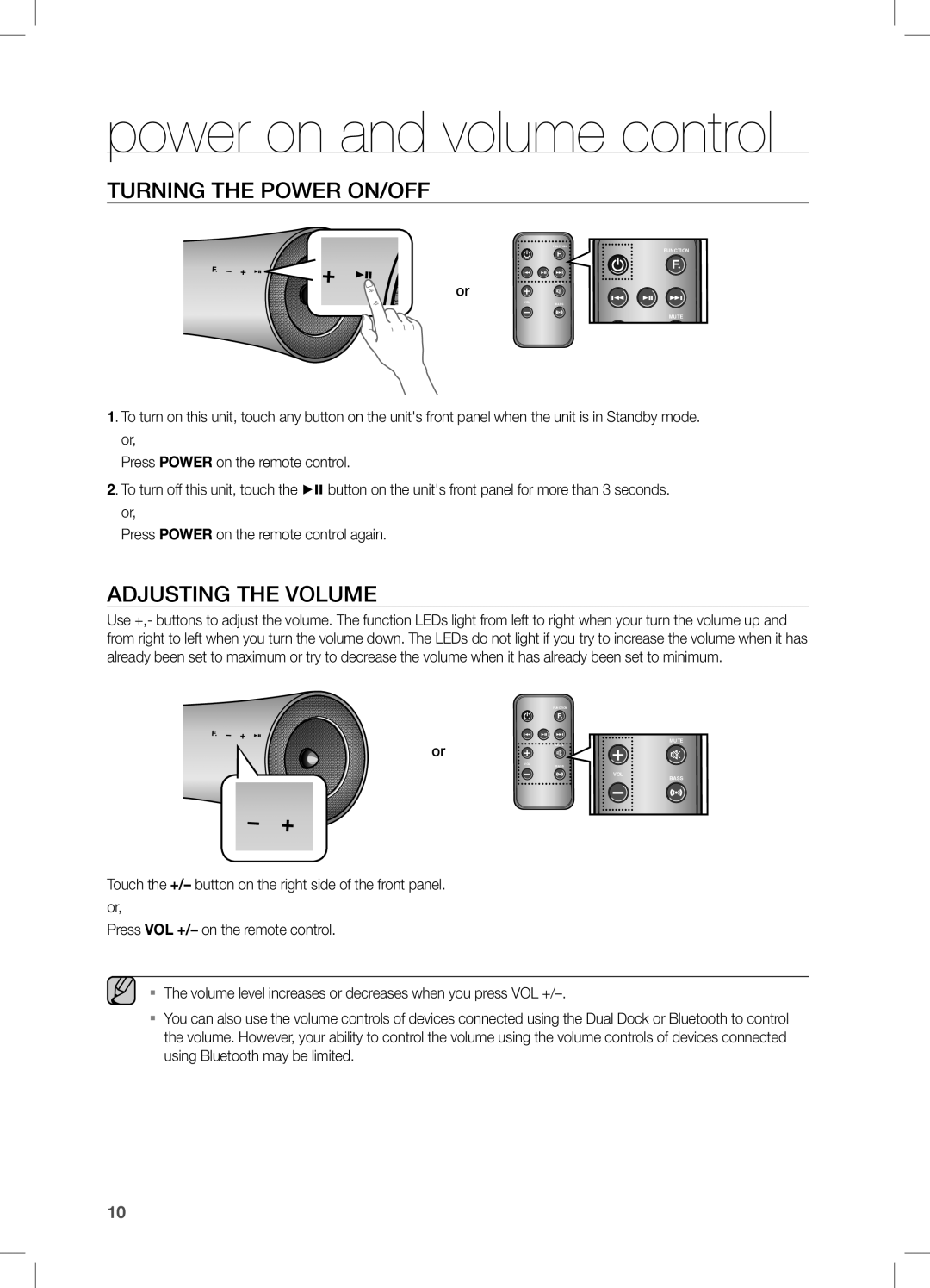 Samsung DA-E650/XV manual Power on and volume control, Turning the power on/off, Adjusting the volume 