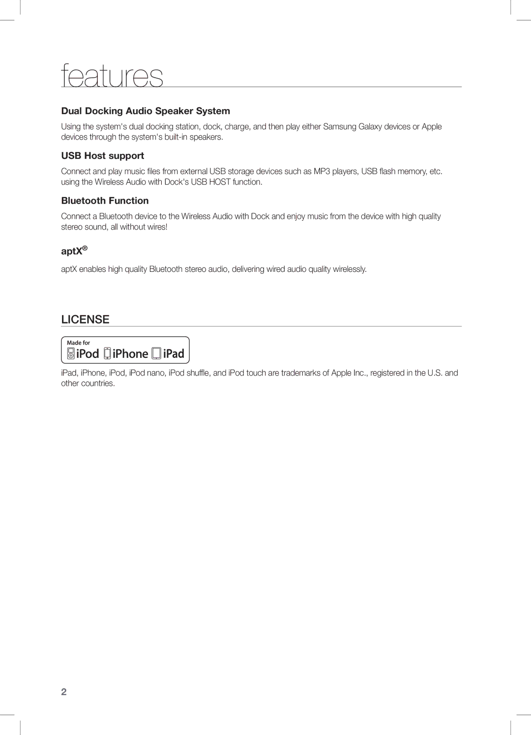 Samsung DA-E650/XV manual Features, Dual Docking Audio Speaker System, USB Host support, Bluetooth Function, AptX 