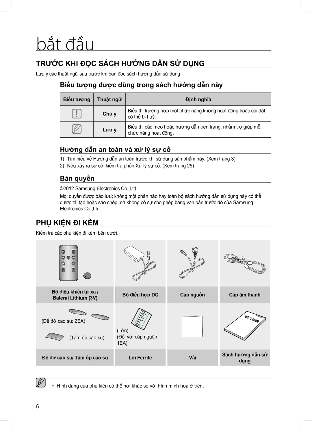 Samsung DA-E650/XV manual Bắt đầu, Phụ Kiện Đi Kèm, Biểu tượng được dùng trong sách hướng dẫn này, Bản quyền 