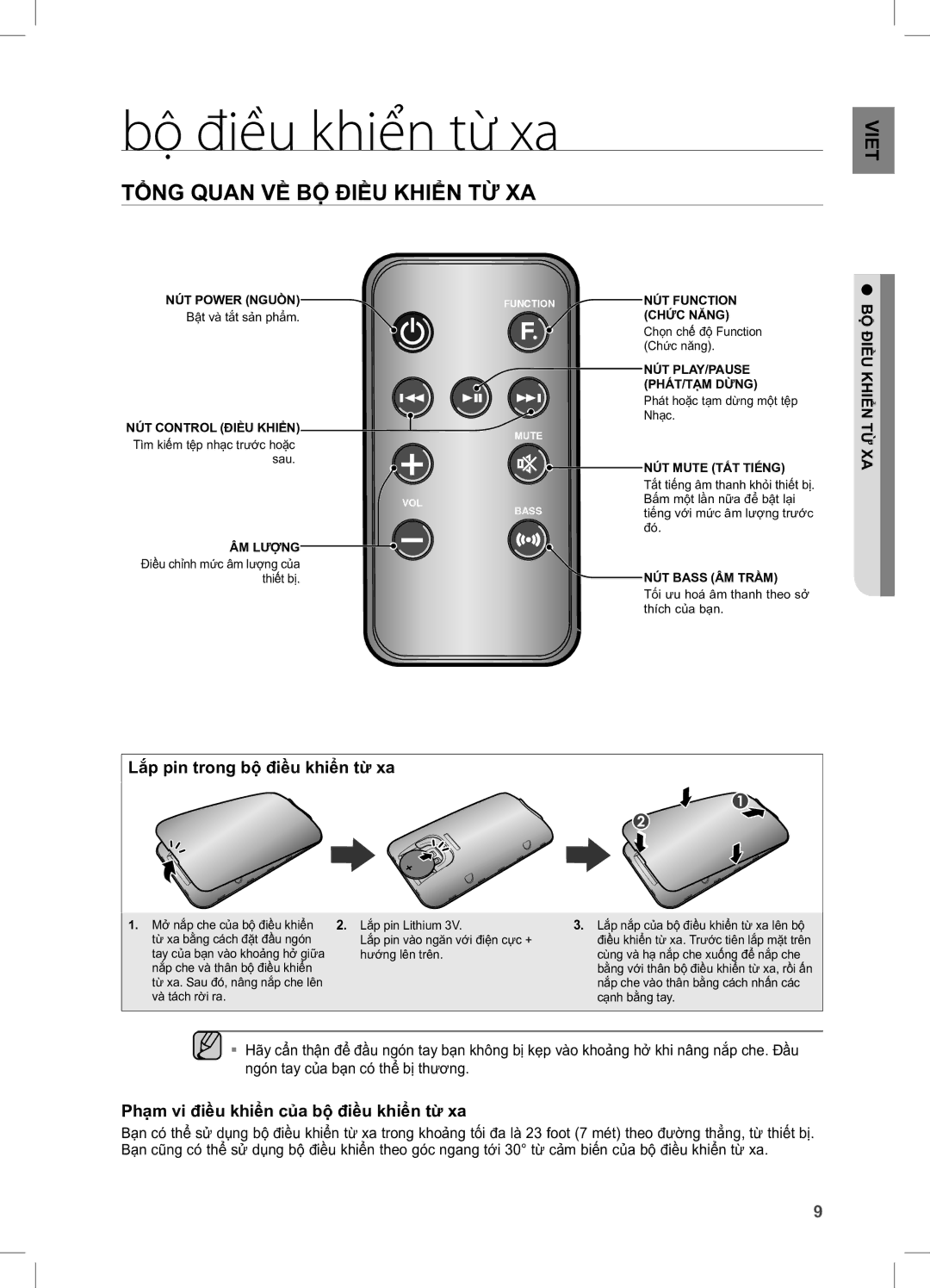 Samsung DA-E650/XV Bộ điều khiển từ xa, TỔNG Quan VỀ BỘ ĐIỀU KHIỂN TỪ XA, Lắp pin trong bộ điều khiển từ xa 