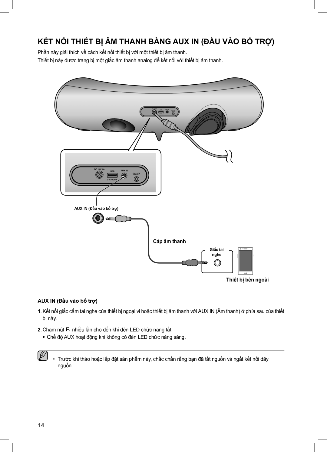 Samsung DA-E650/XV manual Cáp âm thanh, Thiết bị bên ngoài AUX in Đầu vào bổ trợ 