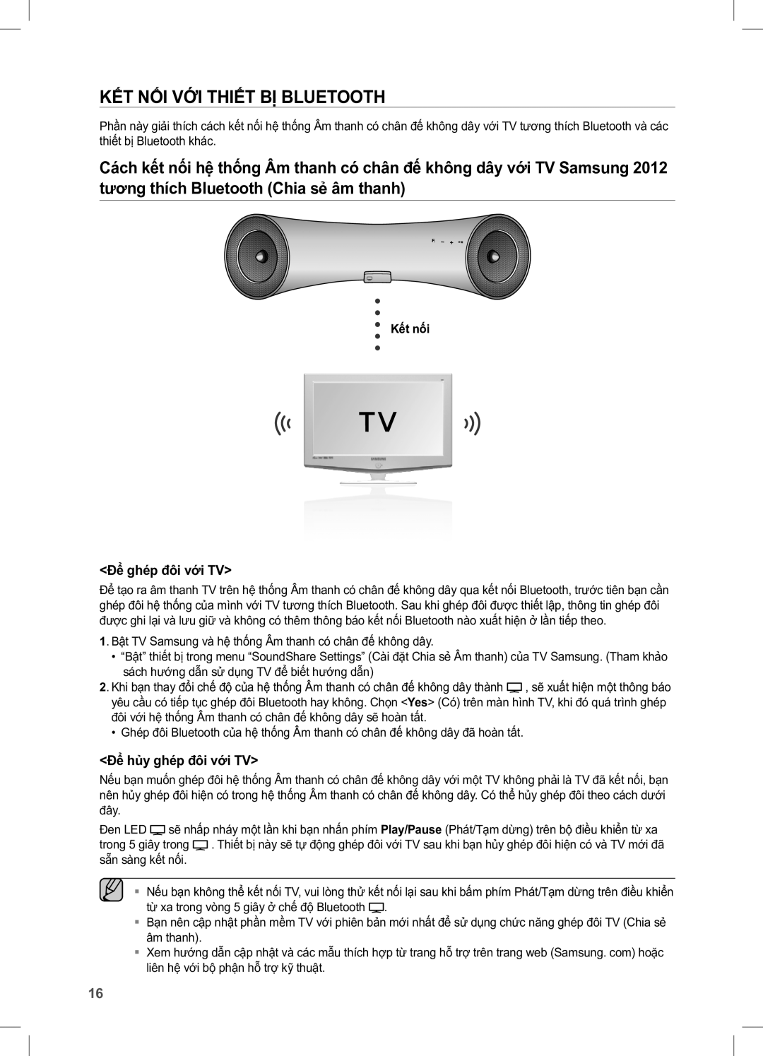 Samsung DA-E650/XV manual KẾT NỐI VỚI THIẾT BỊ Bluetooth, Để ghép đôi với TV, Để hủy ghép đôi với TV, Kết nối 