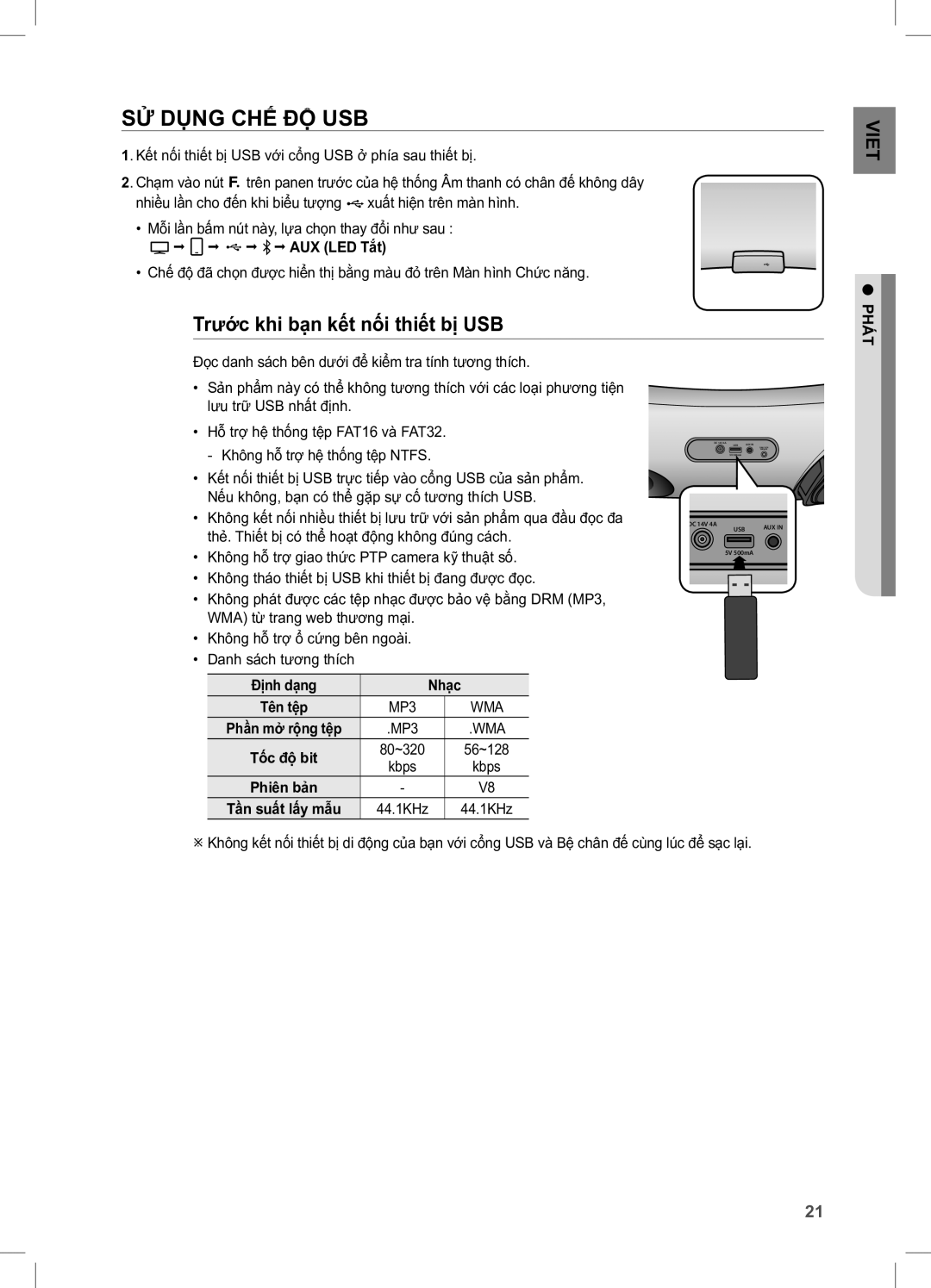 Samsung DA-E650/XV manual Sử Dụng Chế Độ Usb, Trước khi bạn kết nối thiết bị USB, Định dạng Nhạc, Kbps 