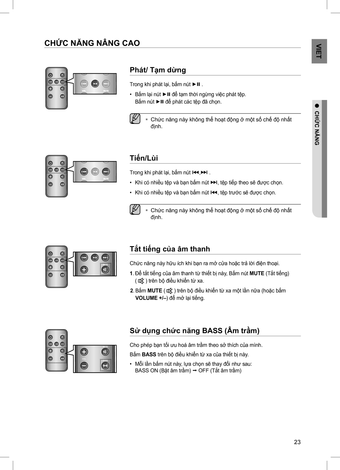 Samsung DA-E650/XV manual CHỨC Năng Nâng CAO, Tắt tiếng của âm thanh, Sử dụng chức năng Bass Âm trầm 