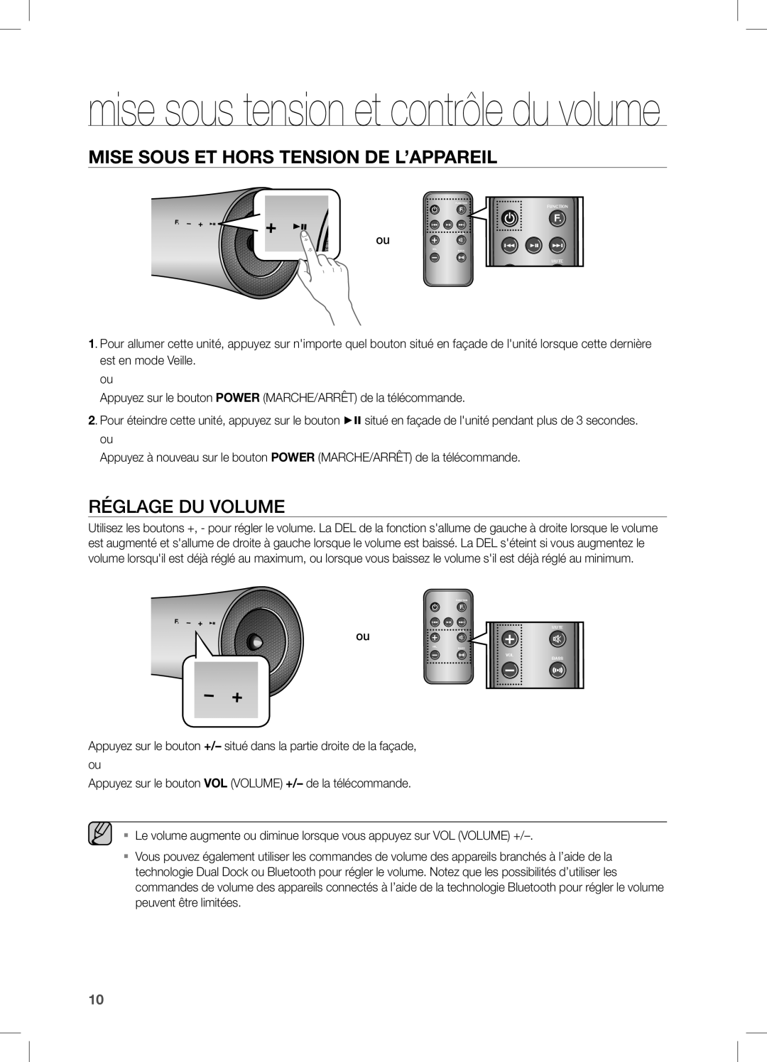 Samsung DA-E650/ZF, DA-E651/ZF manual Mise sous tension et contrôle du volume, Réglage DU Volume 